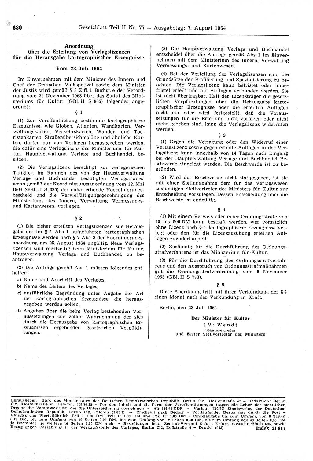 Gesetzblatt (GBl.) der Deutschen Demokratischen Republik (DDR) Teil ⅠⅠ 1964, Seite 680 (GBl. DDR ⅠⅠ 1964, S. 680)