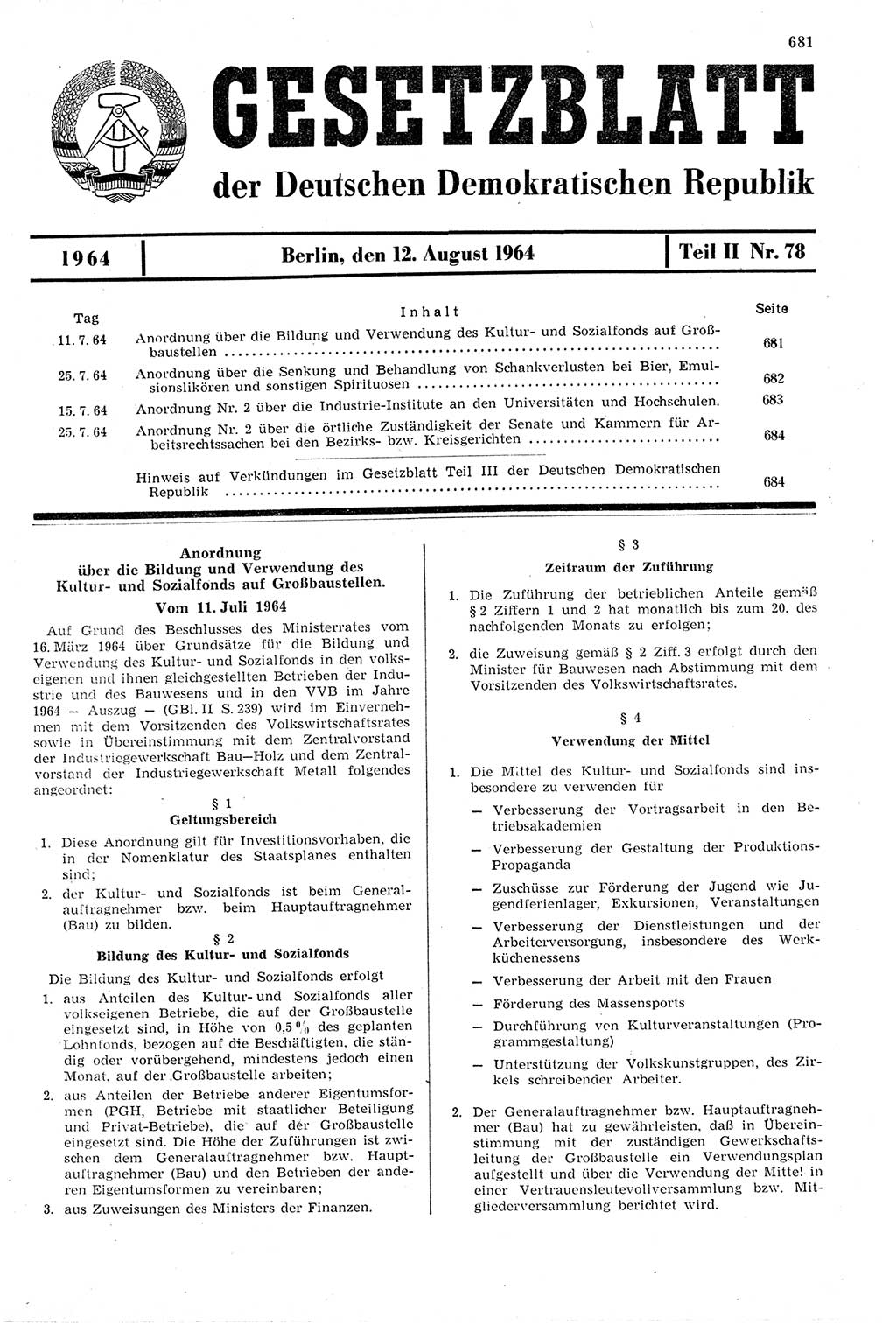 Gesetzblatt (GBl.) der Deutschen Demokratischen Republik (DDR) Teil ⅠⅠ 1964, Seite 681 (GBl. DDR ⅠⅠ 1964, S. 681)