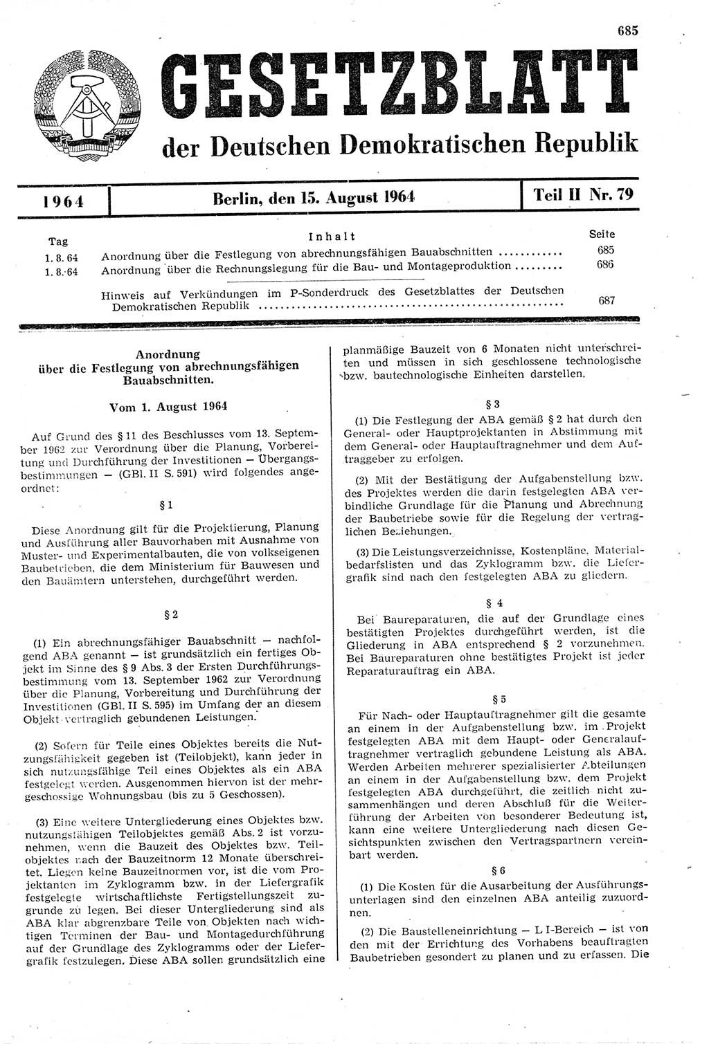 Gesetzblatt (GBl.) der Deutschen Demokratischen Republik (DDR) Teil ⅠⅠ 1964, Seite 685 (GBl. DDR ⅠⅠ 1964, S. 685)