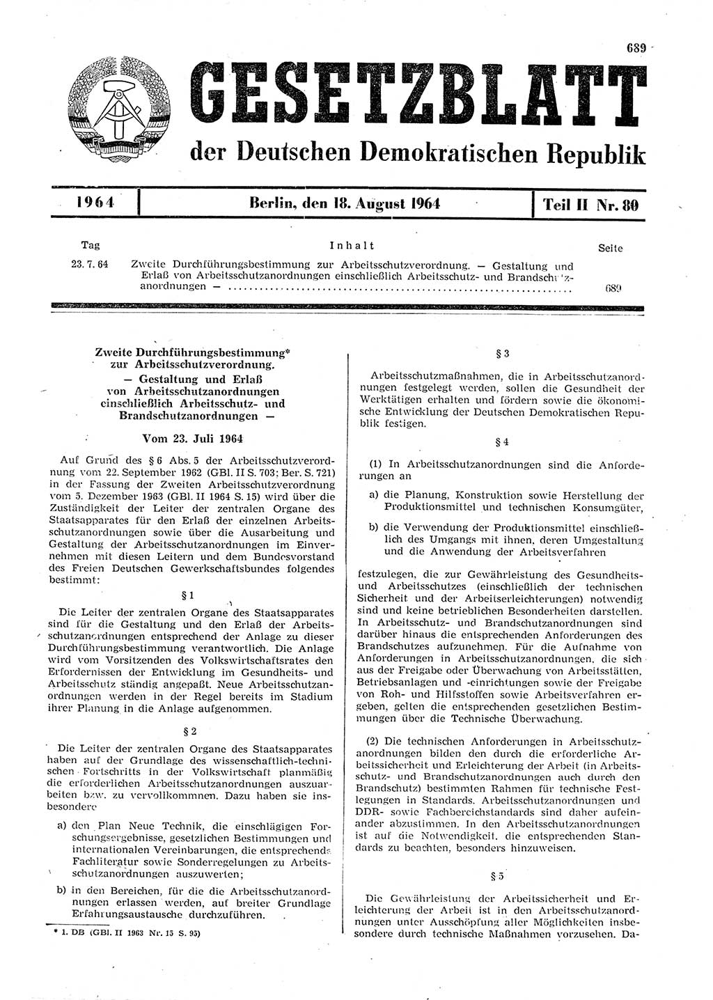 Gesetzblatt (GBl.) der Deutschen Demokratischen Republik (DDR) Teil ⅠⅠ 1964, Seite 689 (GBl. DDR ⅠⅠ 1964, S. 689)