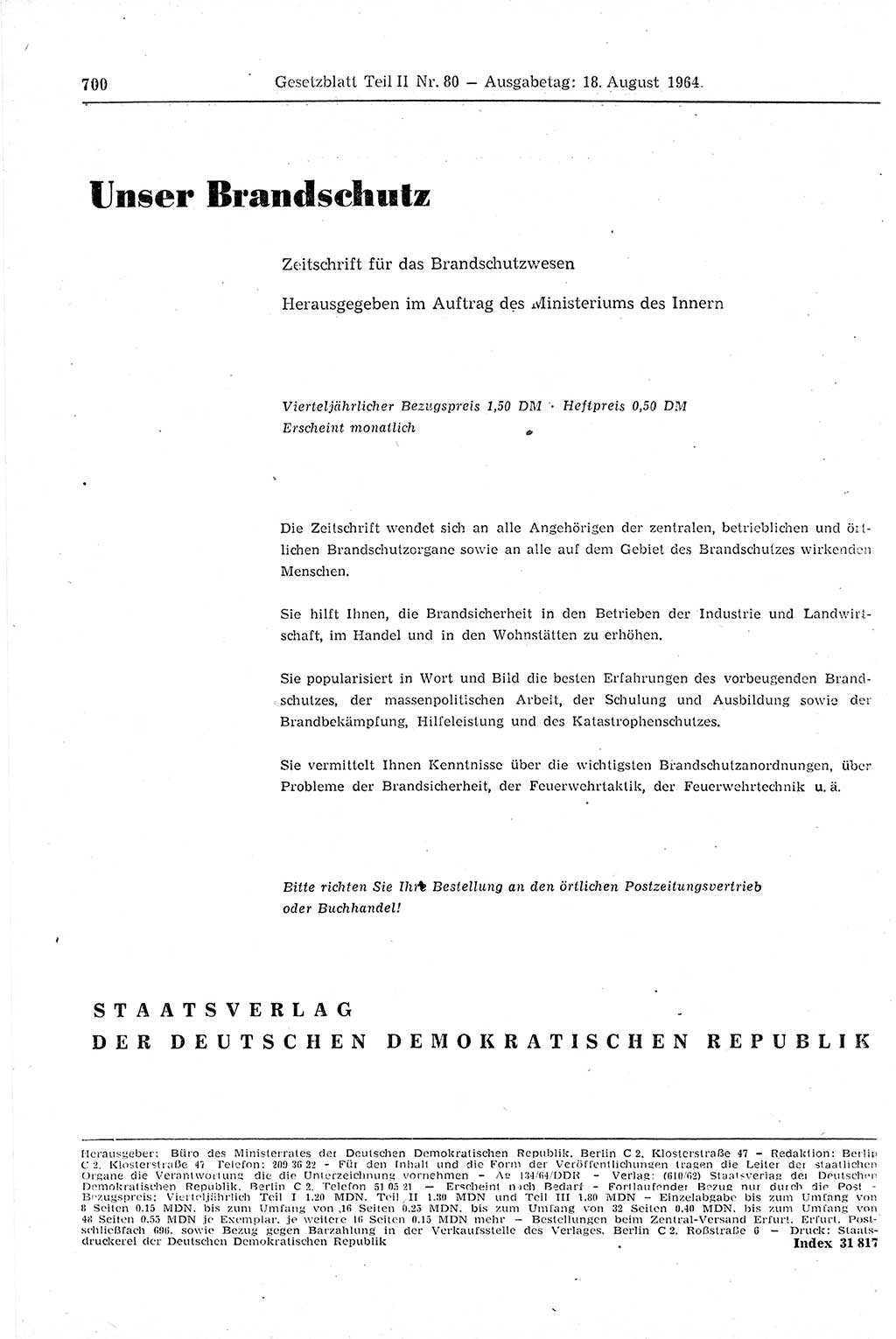 Gesetzblatt (GBl.) der Deutschen Demokratischen Republik (DDR) Teil ⅠⅠ 1964, Seite 700 (GBl. DDR ⅠⅠ 1964, S. 700)