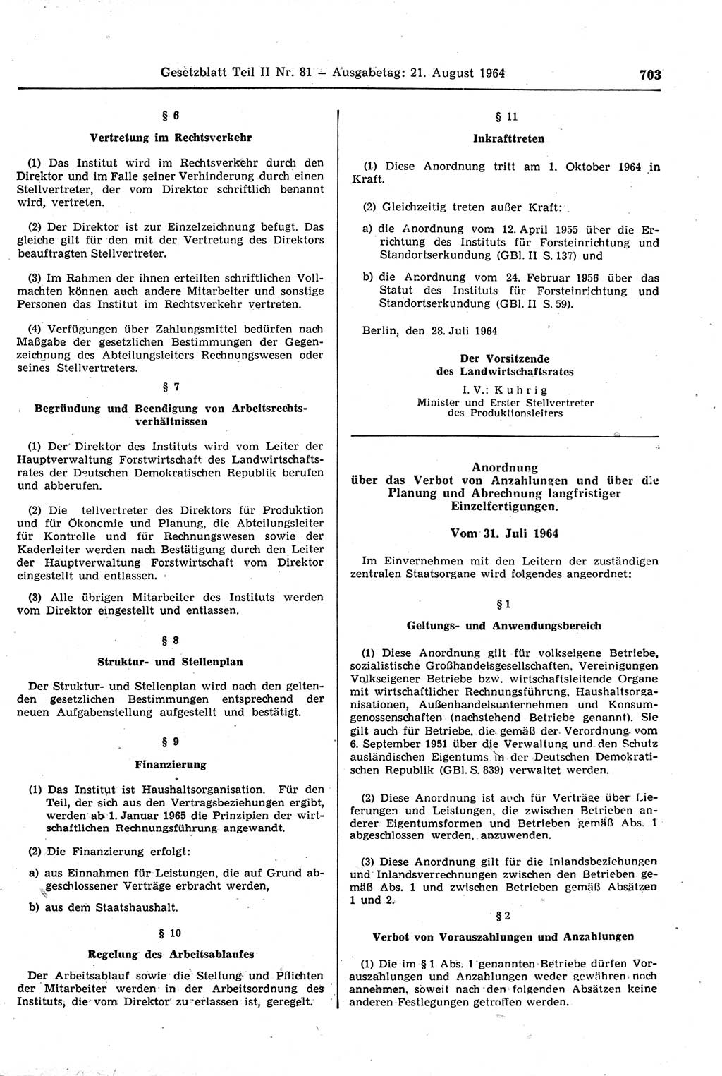 Gesetzblatt (GBl.) der Deutschen Demokratischen Republik (DDR) Teil ⅠⅠ 1964, Seite 703 (GBl. DDR ⅠⅠ 1964, S. 703)