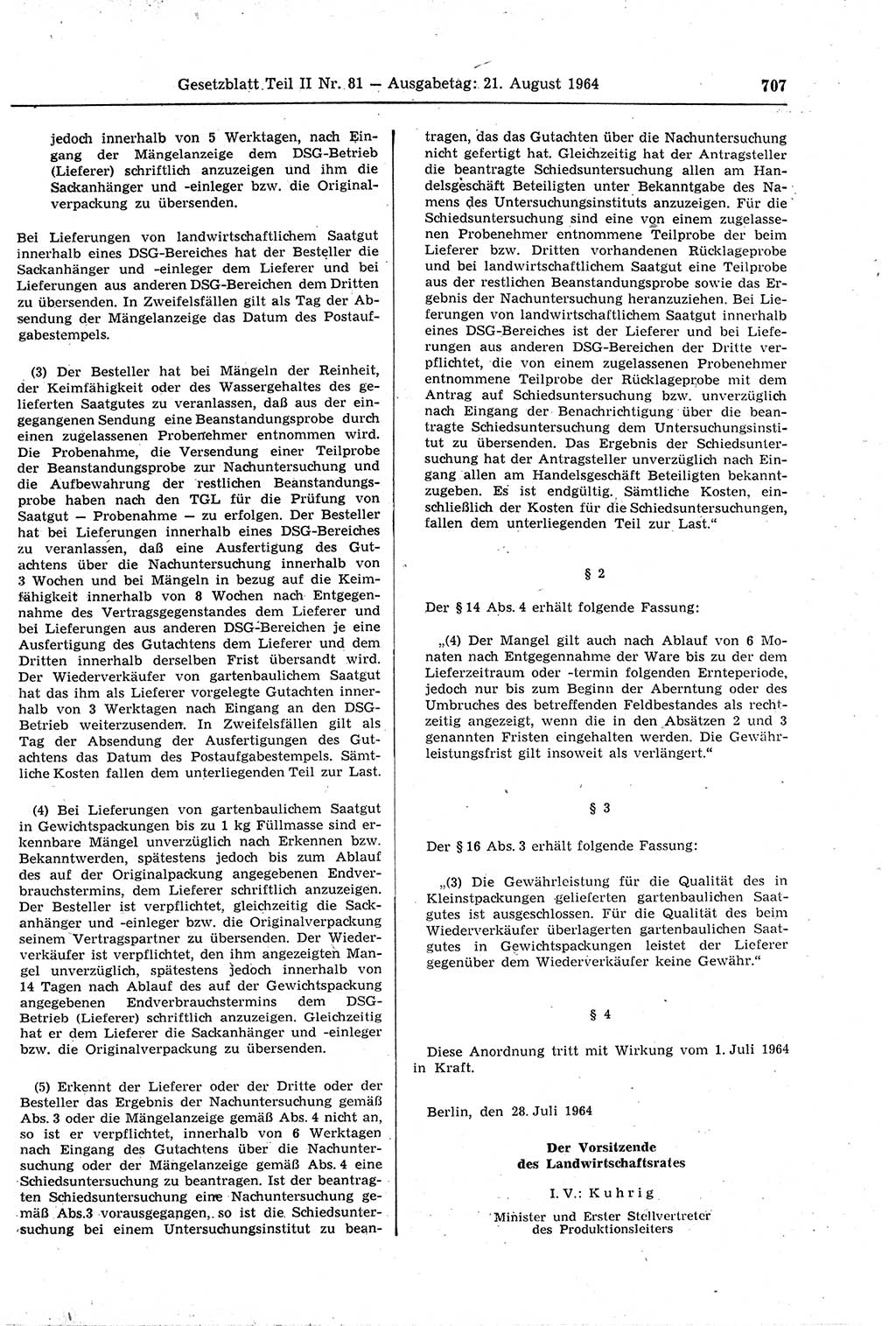 Gesetzblatt (GBl.) der Deutschen Demokratischen Republik (DDR) Teil ⅠⅠ 1964, Seite 707 (GBl. DDR ⅠⅠ 1964, S. 707)
