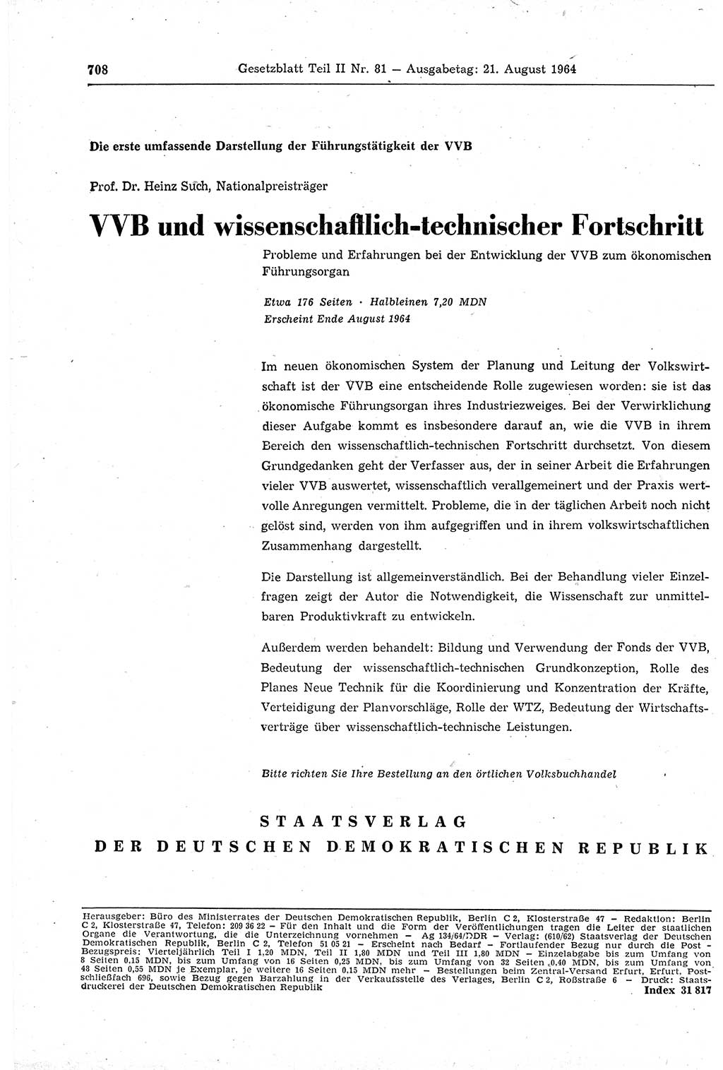 Gesetzblatt (GBl.) der Deutschen Demokratischen Republik (DDR) Teil ⅠⅠ 1964, Seite 708 (GBl. DDR ⅠⅠ 1964, S. 708)