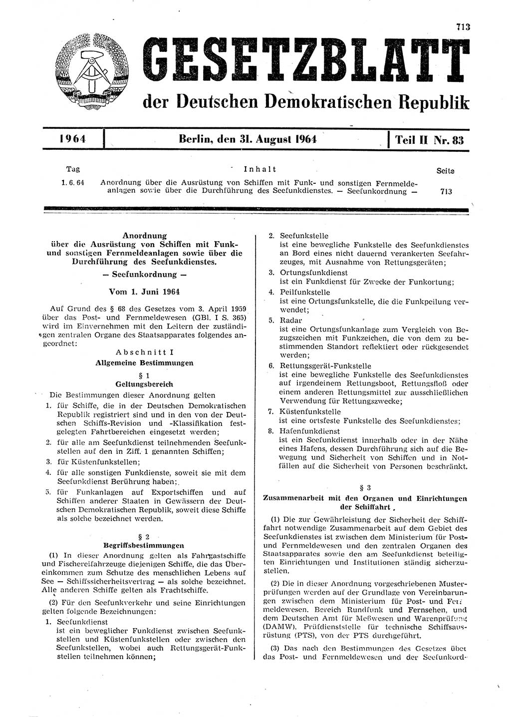 Gesetzblatt (GBl.) der Deutschen Demokratischen Republik (DDR) Teil ⅠⅠ 1964, Seite 713 (GBl. DDR ⅠⅠ 1964, S. 713)