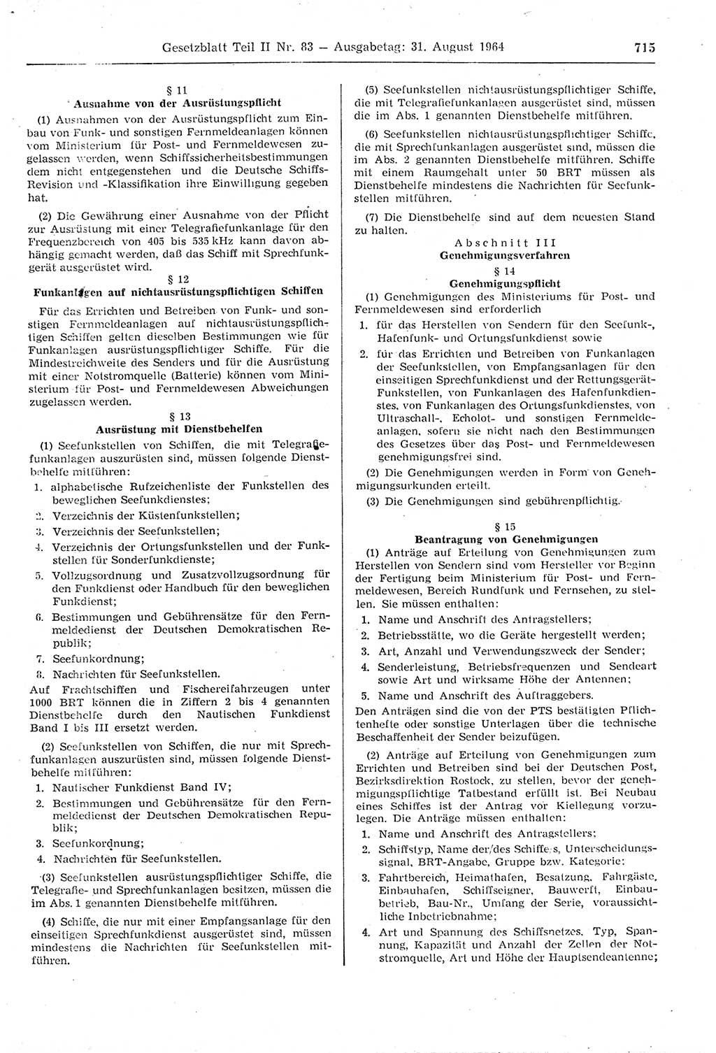 Gesetzblatt (GBl.) der Deutschen Demokratischen Republik (DDR) Teil ⅠⅠ 1964, Seite 715 (GBl. DDR ⅠⅠ 1964, S. 715)