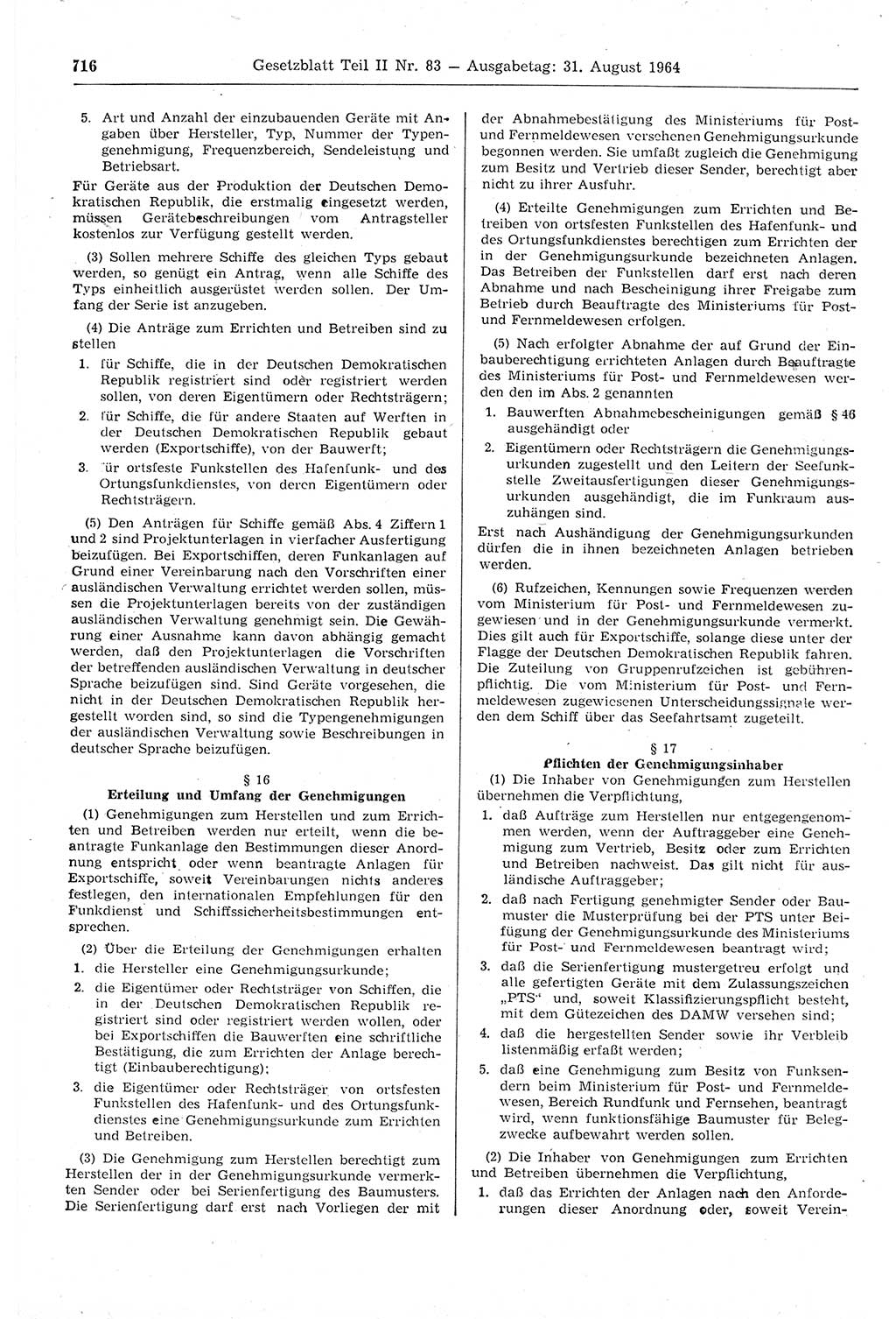 Gesetzblatt (GBl.) der Deutschen Demokratischen Republik (DDR) Teil ⅠⅠ 1964, Seite 716 (GBl. DDR ⅠⅠ 1964, S. 716)