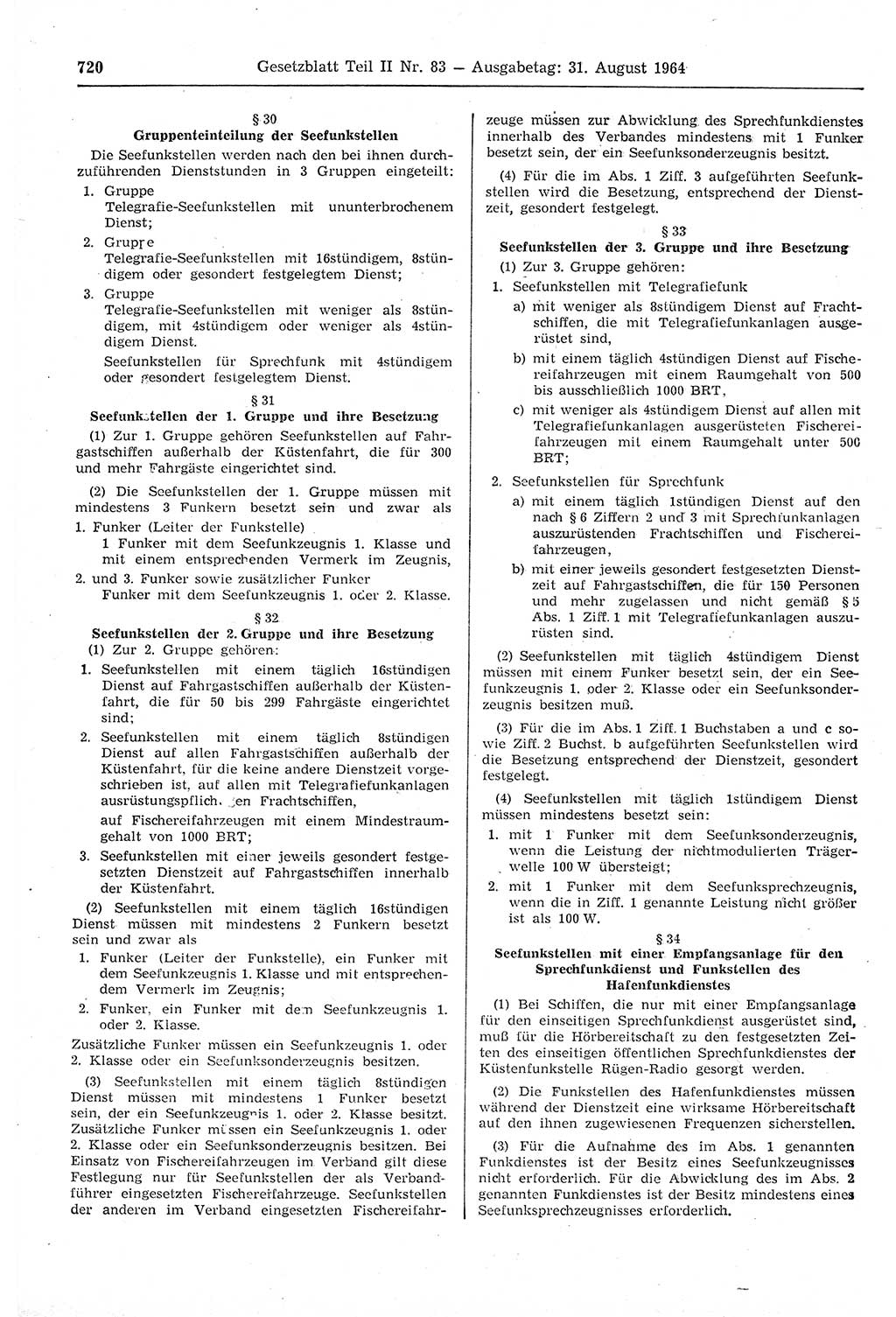 Gesetzblatt (GBl.) der Deutschen Demokratischen Republik (DDR) Teil ⅠⅠ 1964, Seite 720 (GBl. DDR ⅠⅠ 1964, S. 720)
