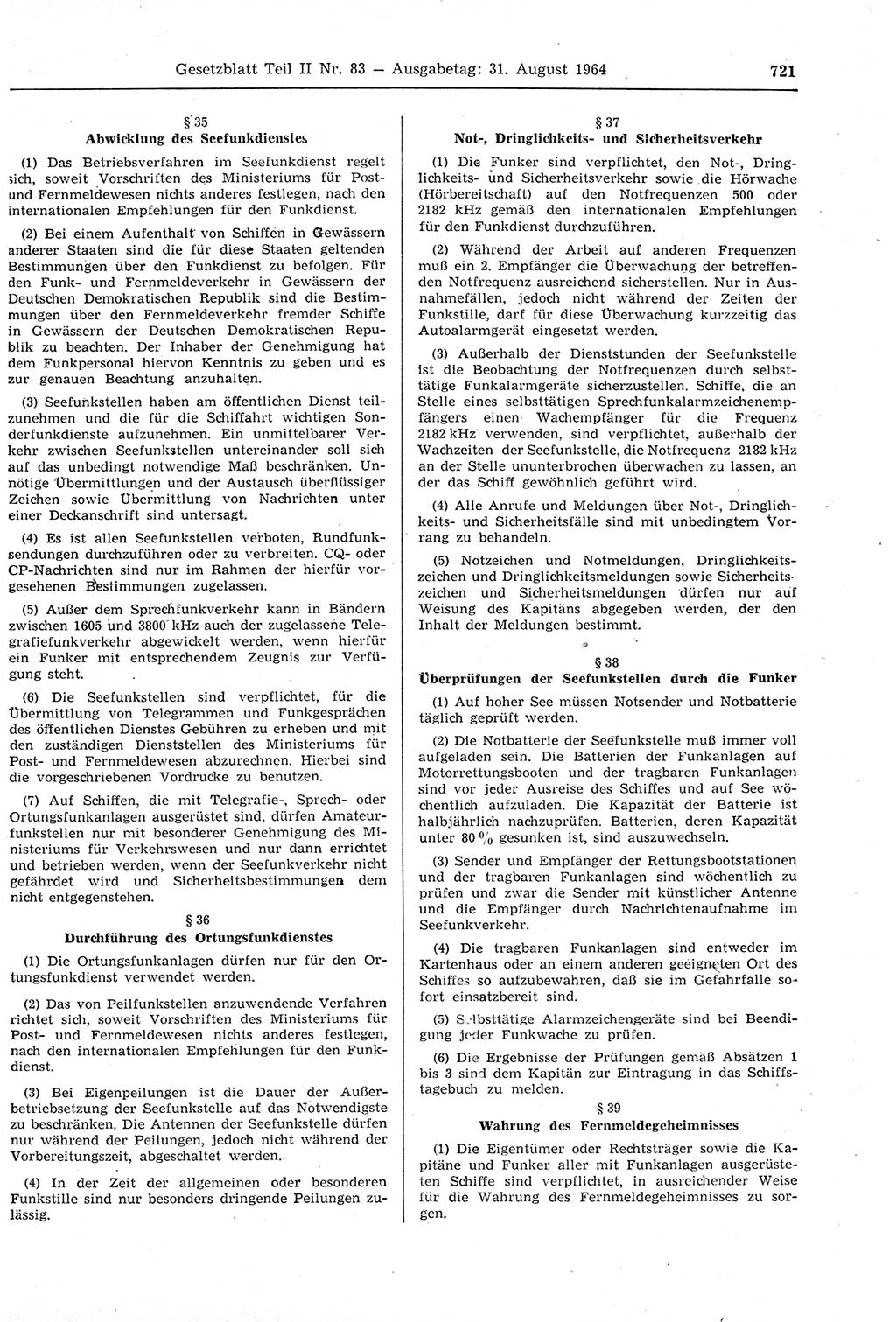 Gesetzblatt (GBl.) der Deutschen Demokratischen Republik (DDR) Teil ⅠⅠ 1964, Seite 721 (GBl. DDR ⅠⅠ 1964, S. 721)