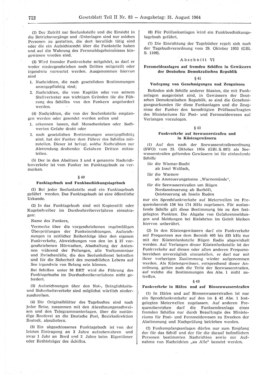 Gesetzblatt (GBl.) der Deutschen Demokratischen Republik (DDR) Teil ⅠⅠ 1964, Seite 722 (GBl. DDR ⅠⅠ 1964, S. 722)
