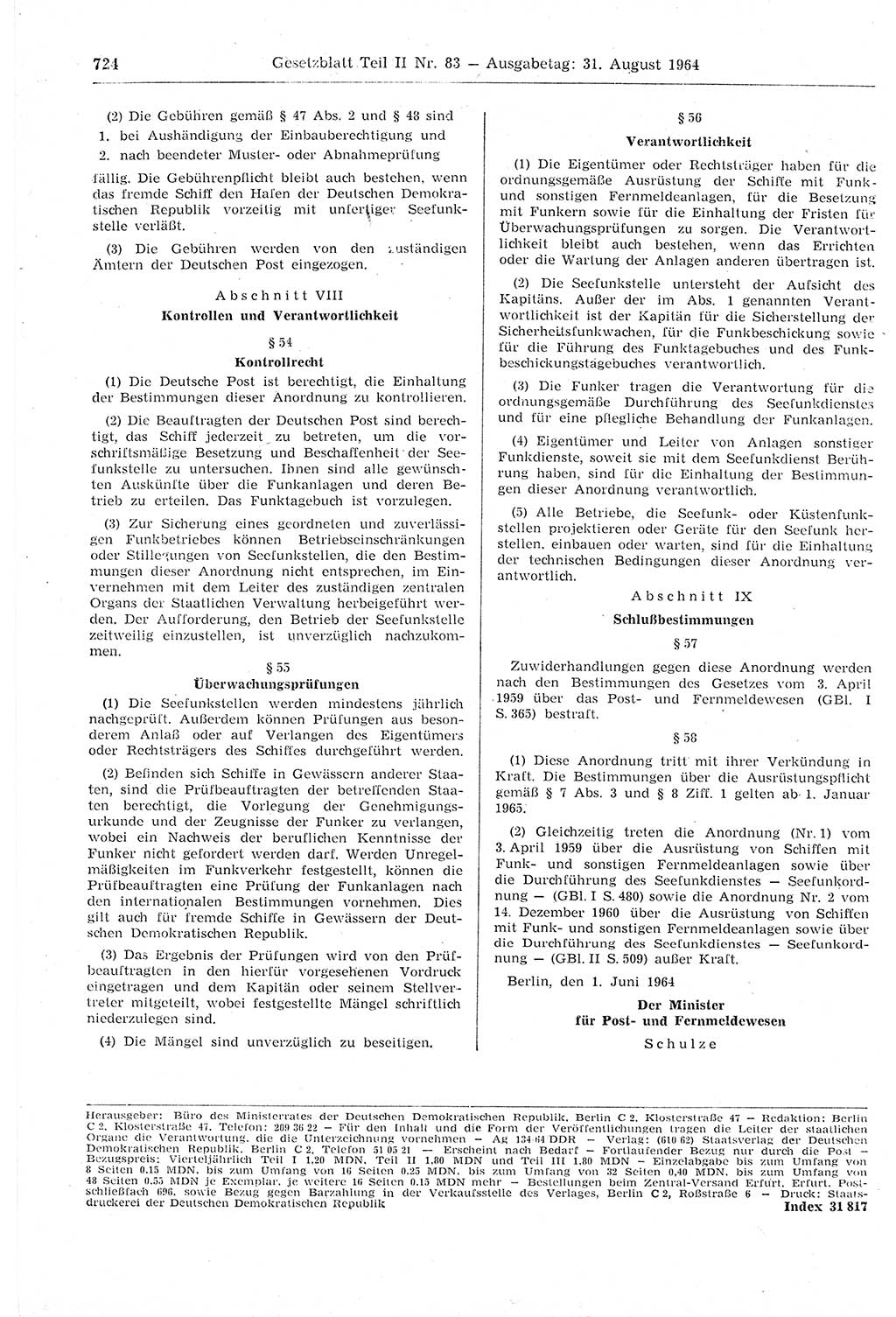 Gesetzblatt (GBl.) der Deutschen Demokratischen Republik (DDR) Teil ⅠⅠ 1964, Seite 724 (GBl. DDR ⅠⅠ 1964, S. 724)