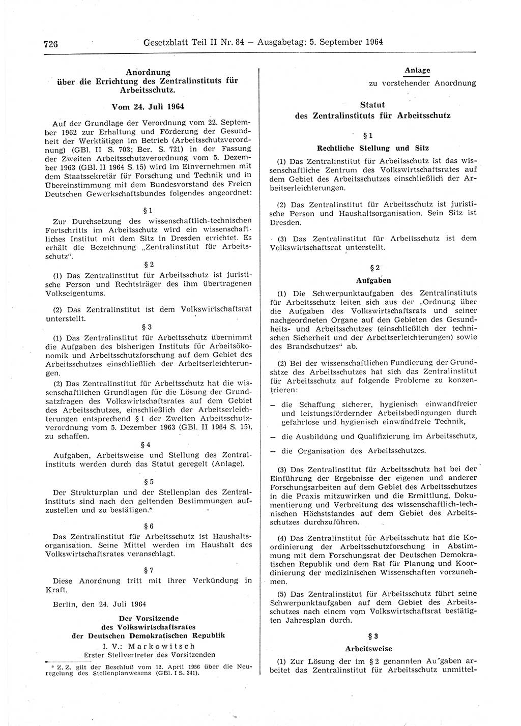Gesetzblatt (GBl.) der Deutschen Demokratischen Republik (DDR) Teil ⅠⅠ 1964, Seite 726 (GBl. DDR ⅠⅠ 1964, S. 726)