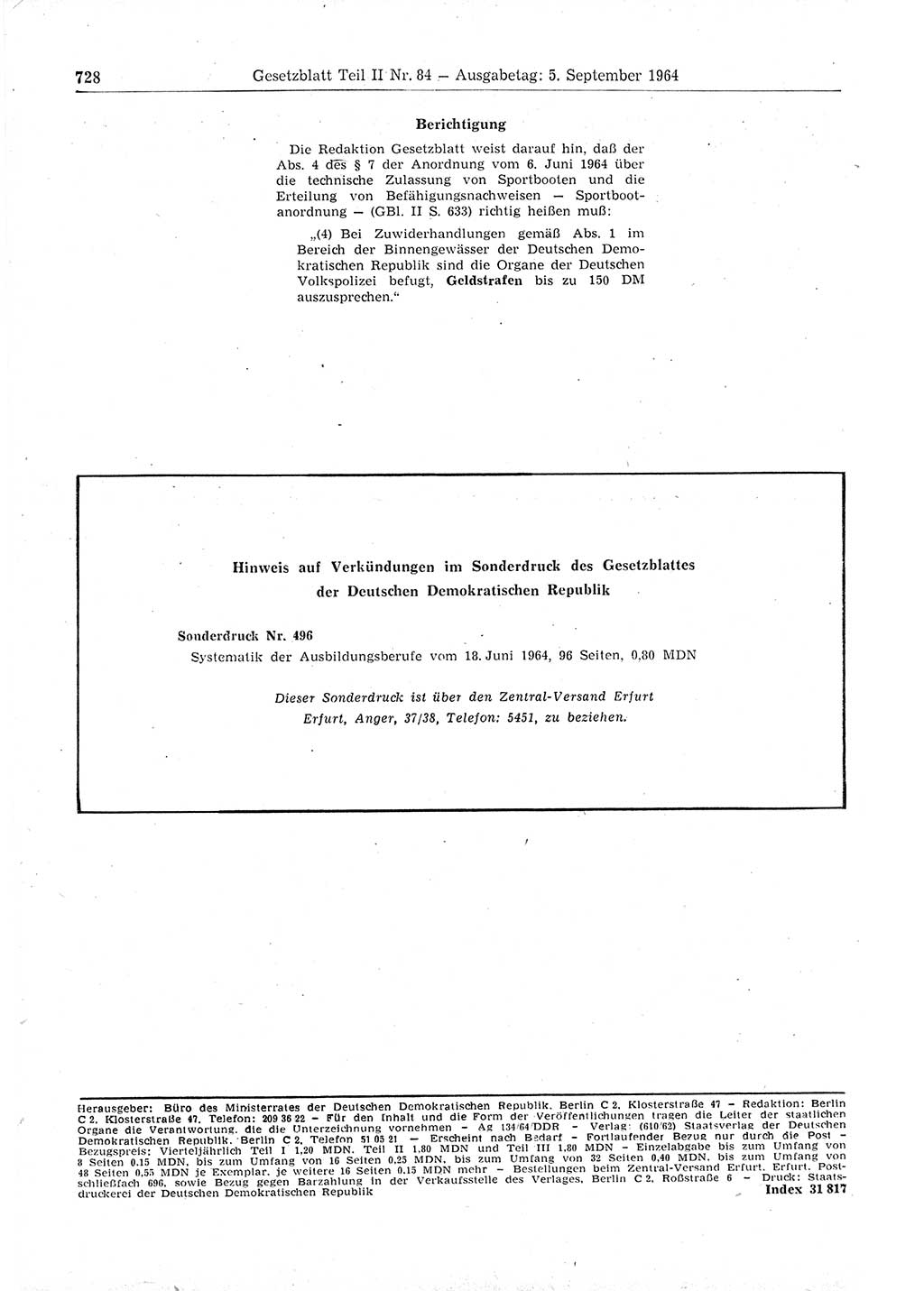 Gesetzblatt (GBl.) der Deutschen Demokratischen Republik (DDR) Teil ⅠⅠ 1964, Seite 728 (GBl. DDR ⅠⅠ 1964, S. 728)