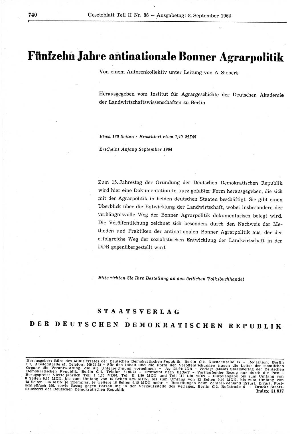 Gesetzblatt (GBl.) der Deutschen Demokratischen Republik (DDR) Teil ⅠⅠ 1964, Seite 740 (GBl. DDR ⅠⅠ 1964, S. 740)