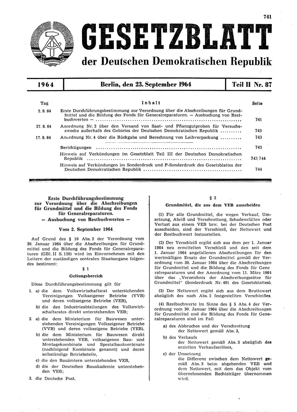 Gesetzblatt (GBl.) der Deutschen Demokratischen Republik (DDR) Teil ⅠⅠ 1964, Seite 741 (GBl. DDR ⅠⅠ 1964, S. 741)