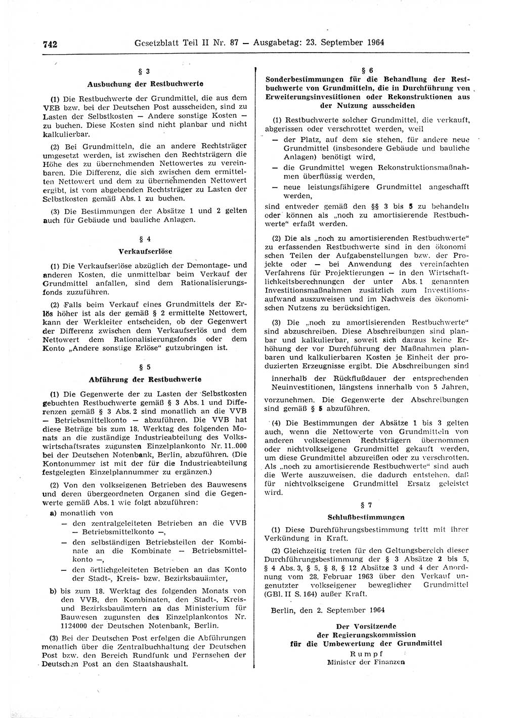 Gesetzblatt (GBl.) der Deutschen Demokratischen Republik (DDR) Teil ⅠⅠ 1964, Seite 742 (GBl. DDR ⅠⅠ 1964, S. 742)