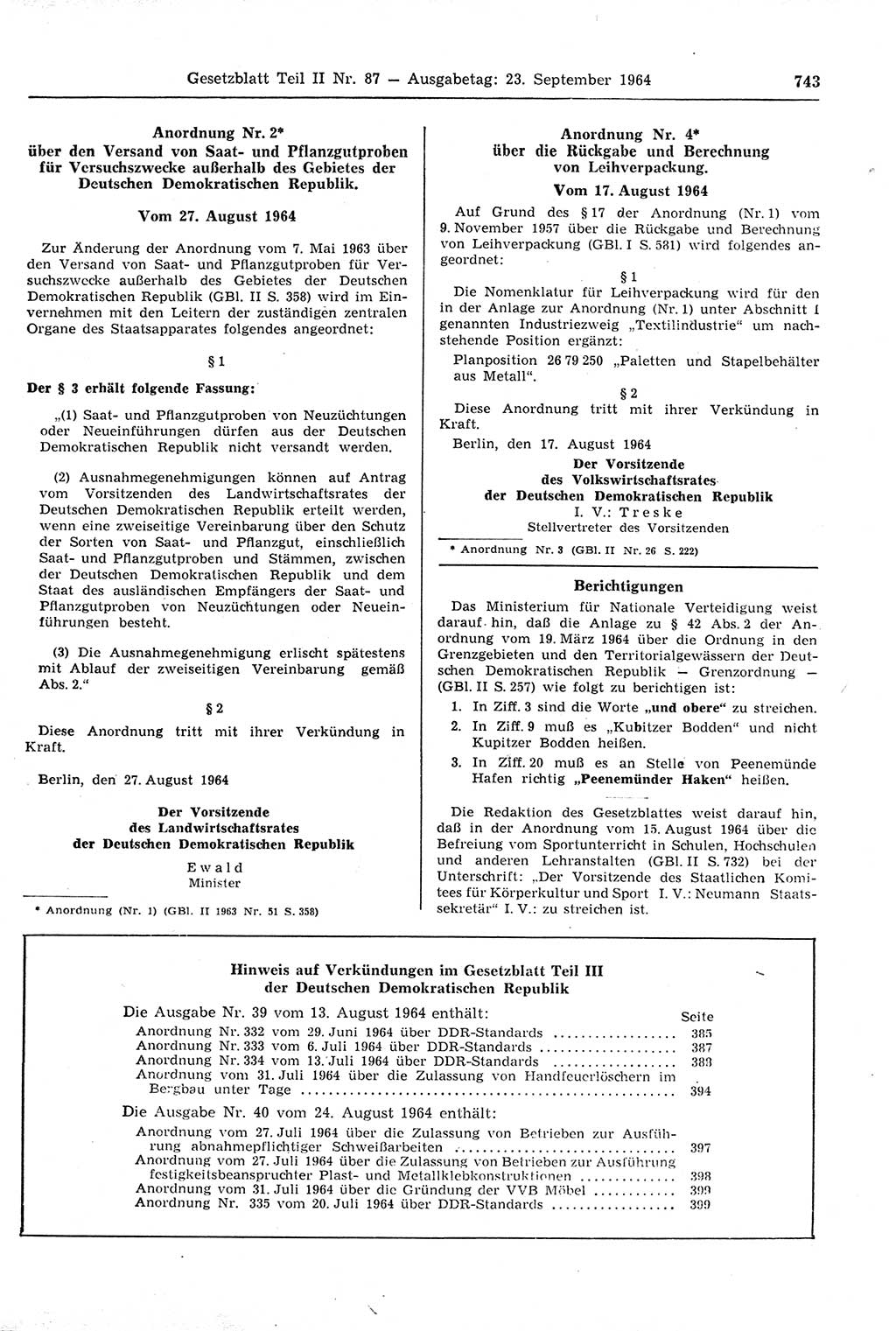 Gesetzblatt (GBl.) der Deutschen Demokratischen Republik (DDR) Teil ⅠⅠ 1964, Seite 743 (GBl. DDR ⅠⅠ 1964, S. 743)