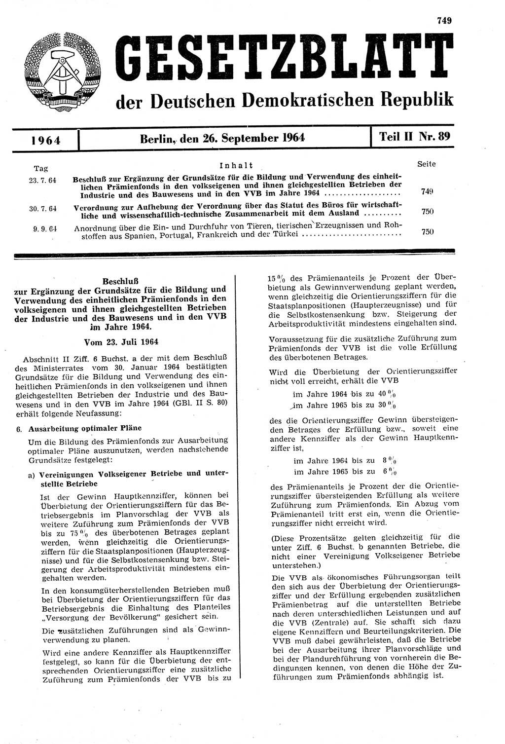 Gesetzblatt (GBl.) der Deutschen Demokratischen Republik (DDR) Teil ⅠⅠ 1964, Seite 749 (GBl. DDR ⅠⅠ 1964, S. 749)