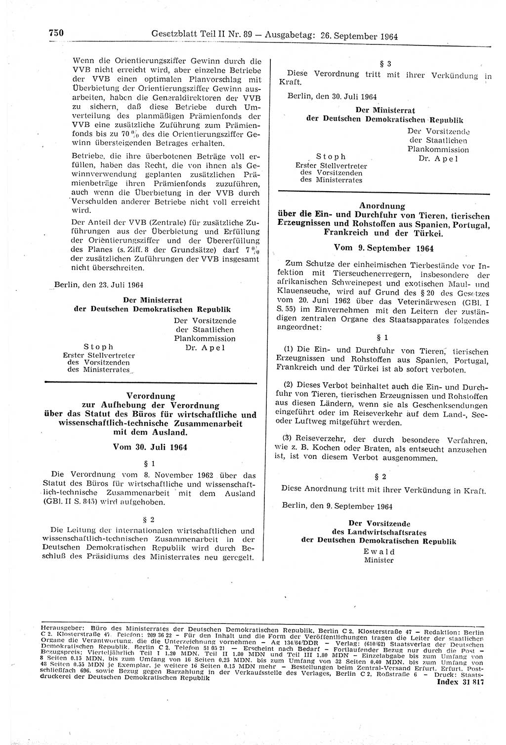 Gesetzblatt (GBl.) der Deutschen Demokratischen Republik (DDR) Teil ⅠⅠ 1964, Seite 750 (GBl. DDR ⅠⅠ 1964, S. 750)