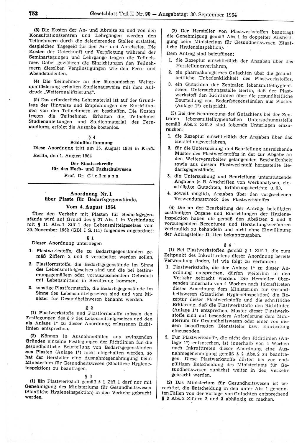 Gesetzblatt (GBl.) der Deutschen Demokratischen Republik (DDR) Teil ⅠⅠ 1964, Seite 752 (GBl. DDR ⅠⅠ 1964, S. 752)