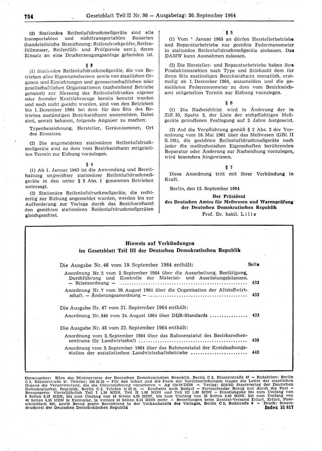 Gesetzblatt (GBl.) der Deutschen Demokratischen Republik (DDR) Teil ⅠⅠ 1964, Seite 754 (GBl. DDR ⅠⅠ 1964, S. 754)