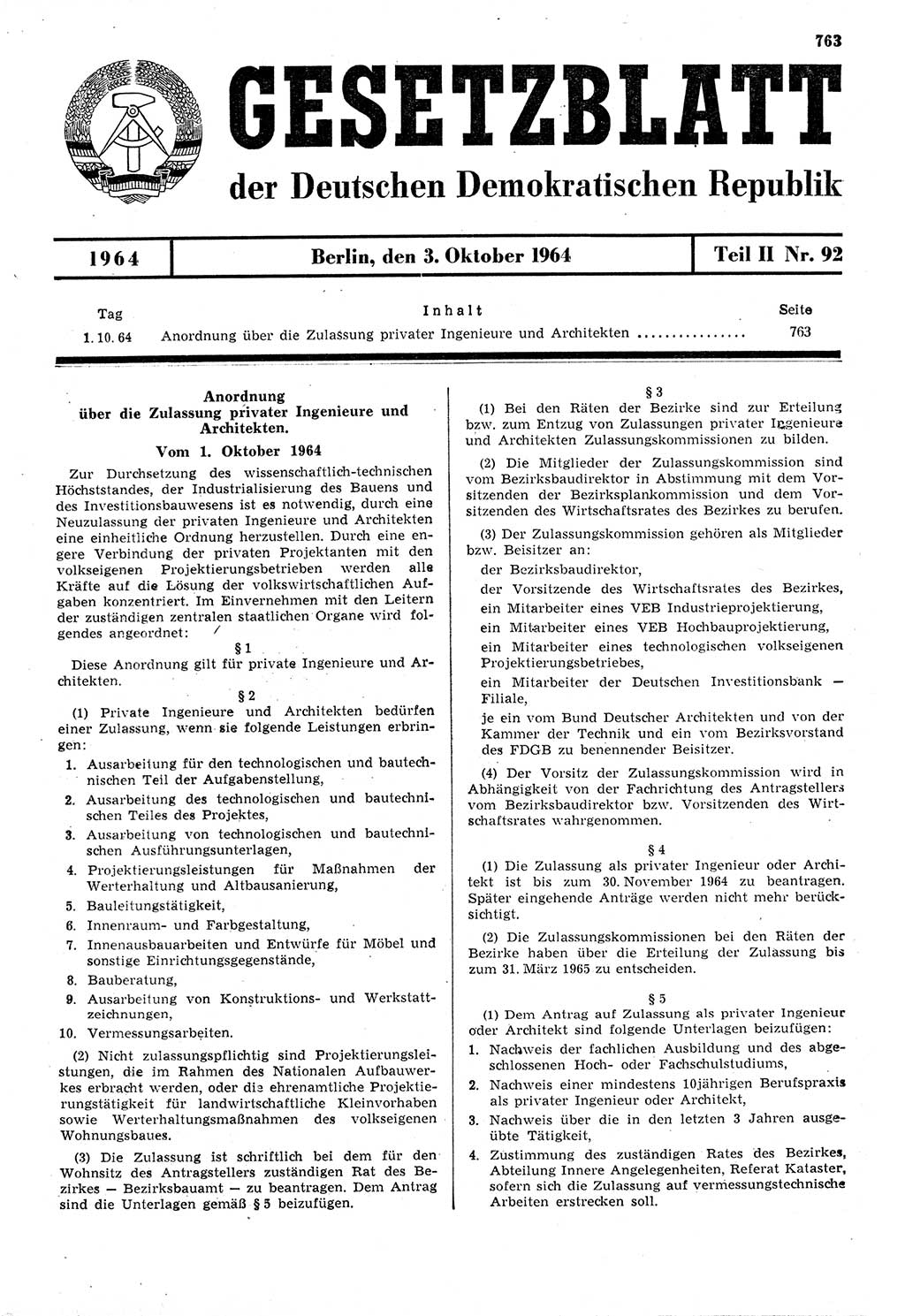 Gesetzblatt (GBl.) der Deutschen Demokratischen Republik (DDR) Teil ⅠⅠ 1964, Seite 763 (GBl. DDR ⅠⅠ 1964, S. 763)