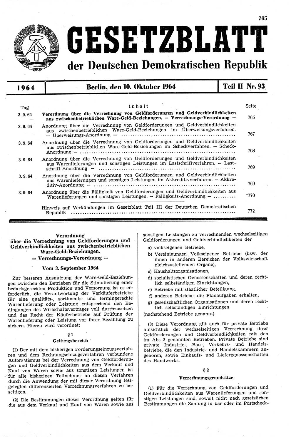 Gesetzblatt (GBl.) der Deutschen Demokratischen Republik (DDR) Teil ⅠⅠ 1964, Seite 765 (GBl. DDR ⅠⅠ 1964, S. 765)