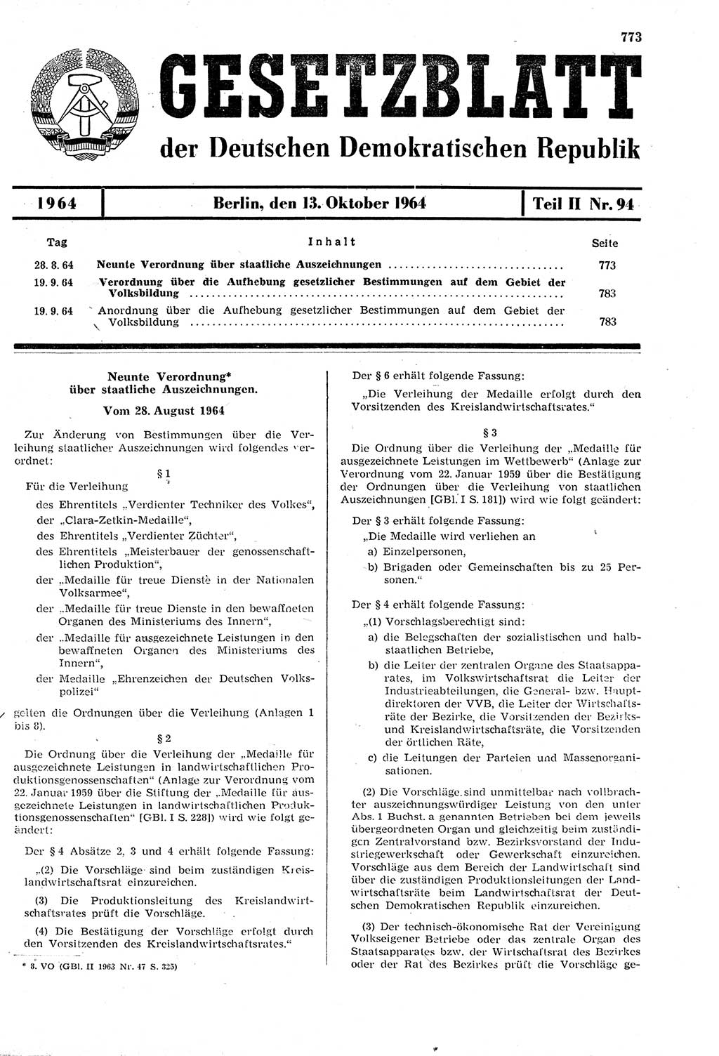 Gesetzblatt (GBl.) der Deutschen Demokratischen Republik (DDR) Teil ⅠⅠ 1964, Seite 773 (GBl. DDR ⅠⅠ 1964, S. 773)