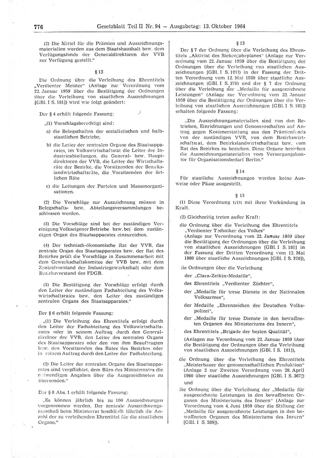 Gesetzblatt (GBl.) der Deutschen Demokratischen Republik (DDR) Teil ⅠⅠ 1964, Seite 776 (GBl. DDR ⅠⅠ 1964, S. 776)