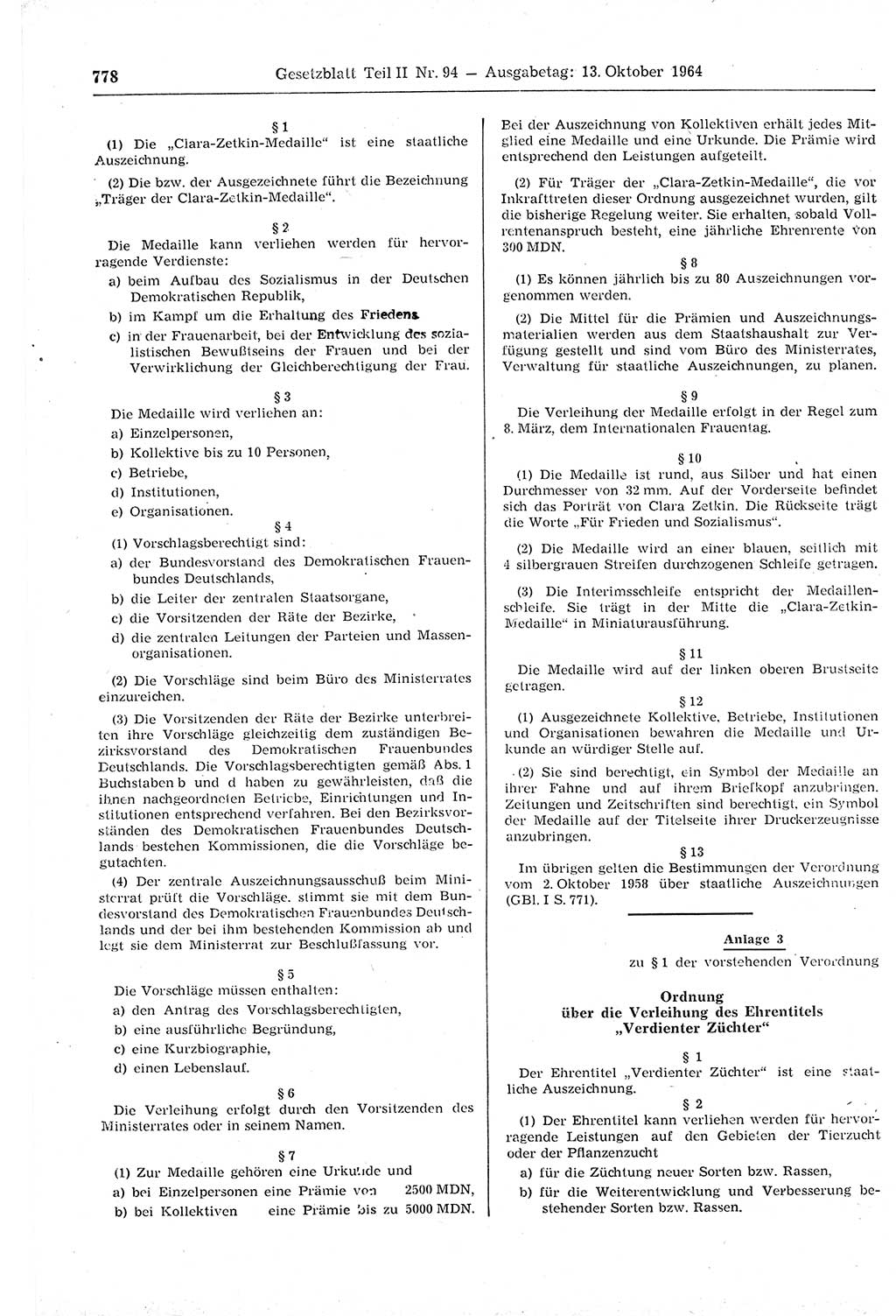 Gesetzblatt (GBl.) der Deutschen Demokratischen Republik (DDR) Teil ⅠⅠ 1964, Seite 778 (GBl. DDR ⅠⅠ 1964, S. 778)