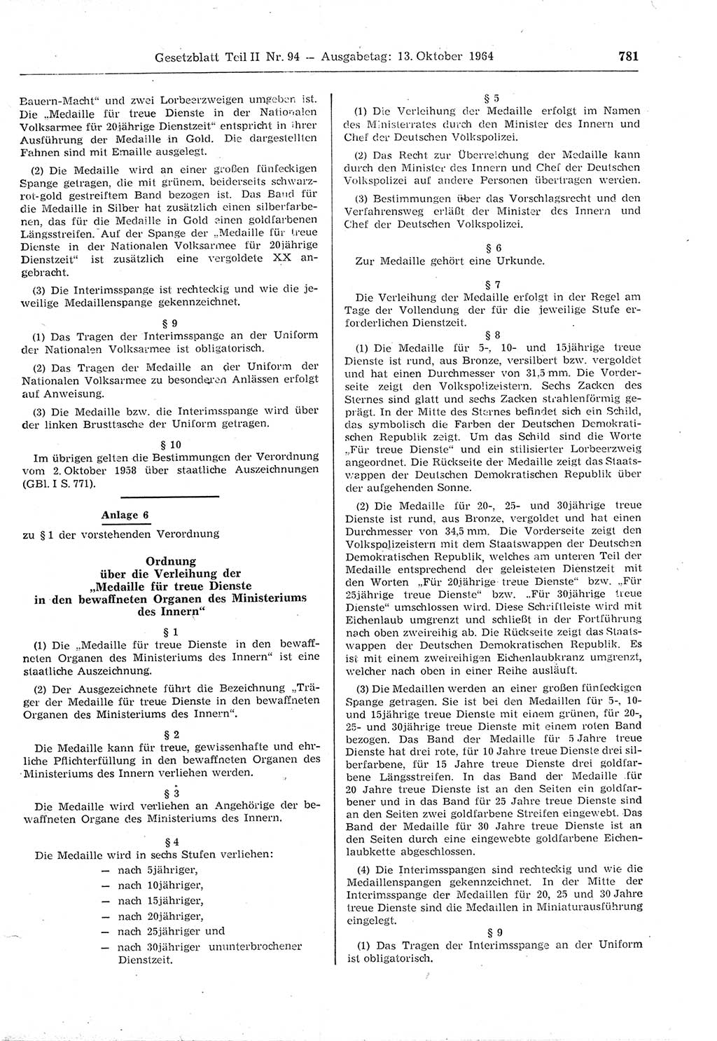 Gesetzblatt (GBl.) der Deutschen Demokratischen Republik (DDR) Teil ⅠⅠ 1964, Seite 781 (GBl. DDR ⅠⅠ 1964, S. 781)