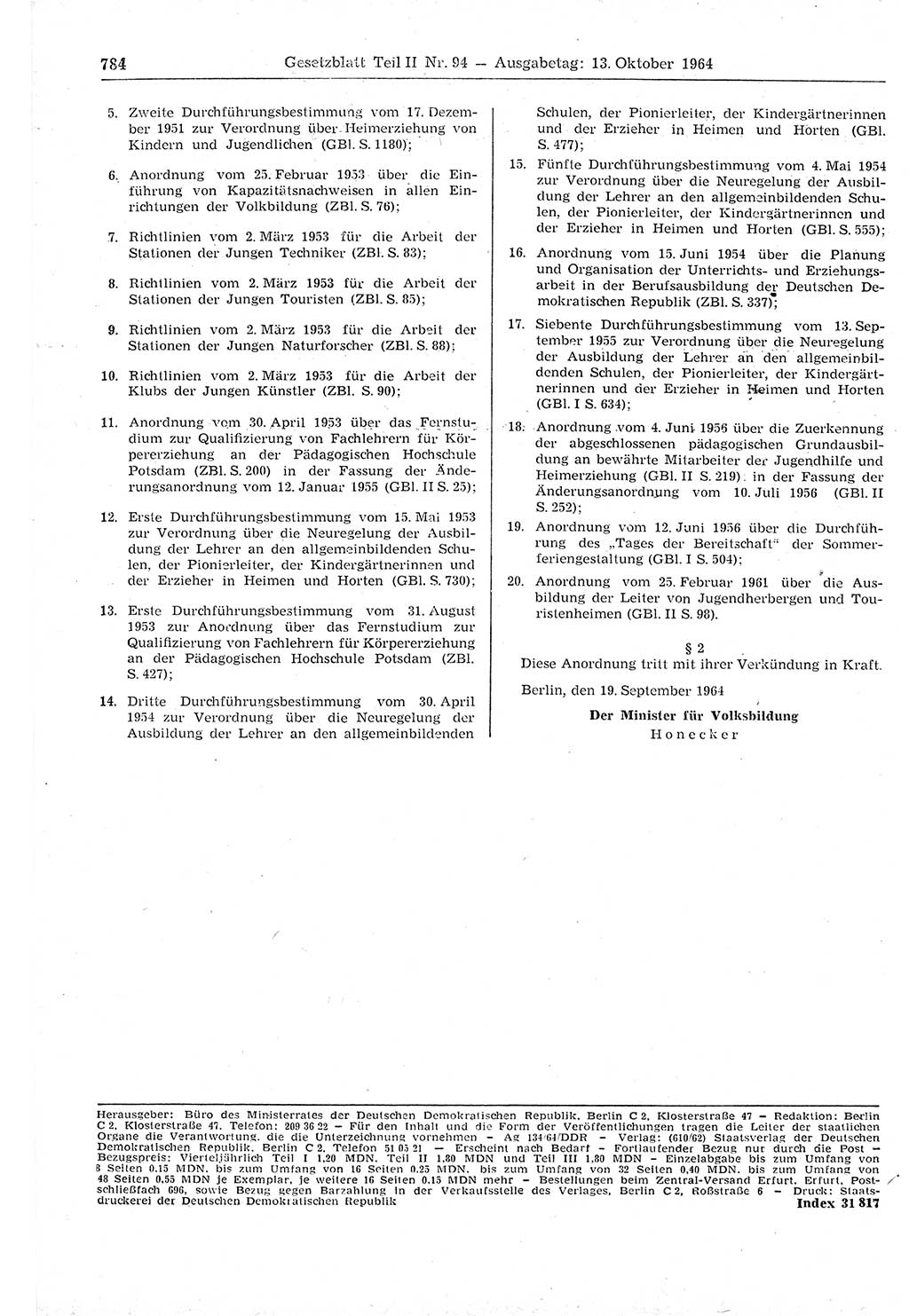 Gesetzblatt (GBl.) der Deutschen Demokratischen Republik (DDR) Teil ⅠⅠ 1964, Seite 784 (GBl. DDR ⅠⅠ 1964, S. 784)