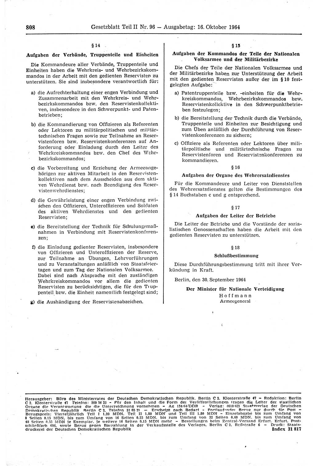 Gesetzblatt (GBl.) der Deutschen Demokratischen Republik (DDR) Teil ⅠⅠ 1964, Seite 808 (GBl. DDR ⅠⅠ 1964, S. 808)