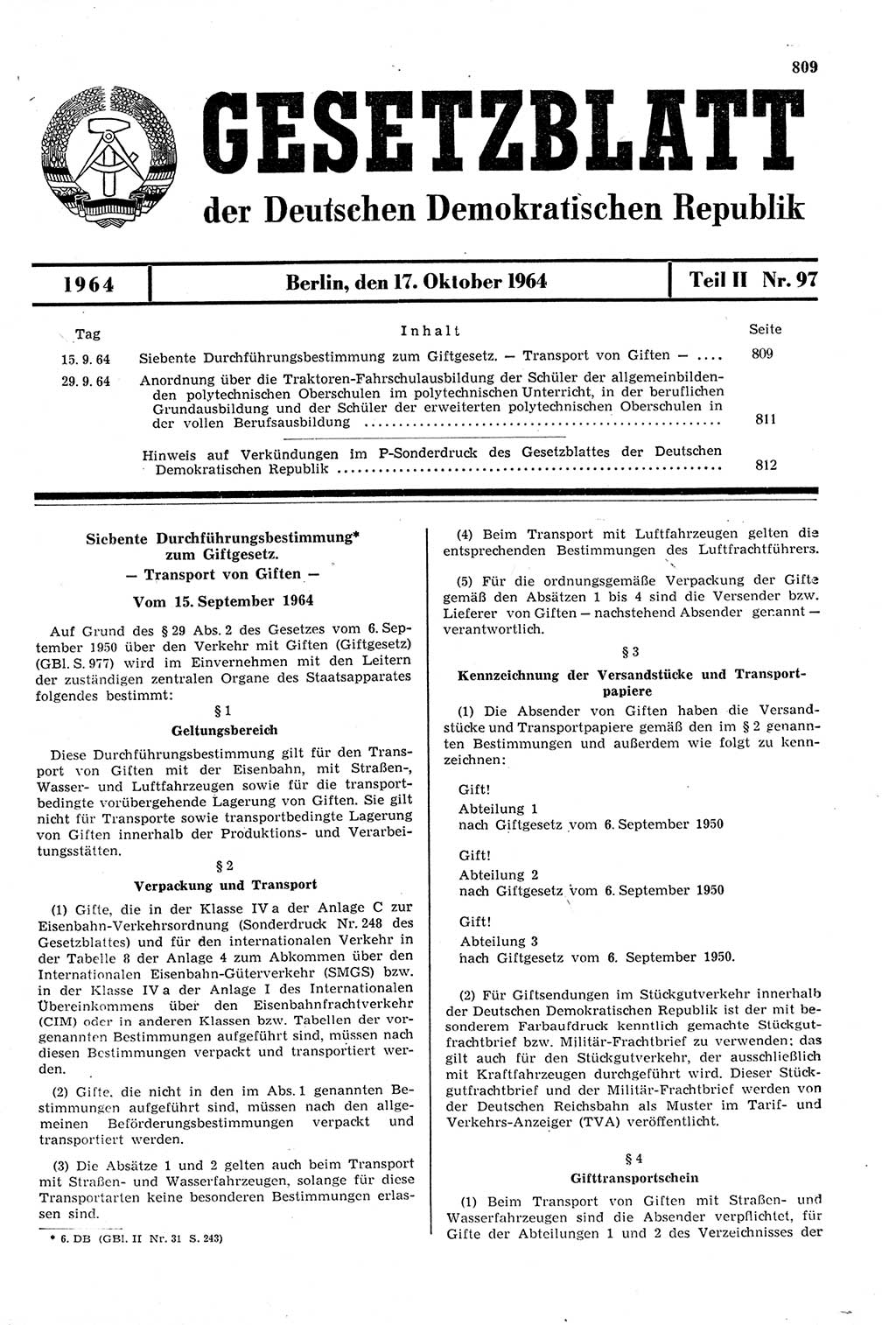 Gesetzblatt (GBl.) der Deutschen Demokratischen Republik (DDR) Teil ⅠⅠ 1964, Seite 809 (GBl. DDR ⅠⅠ 1964, S. 809)
