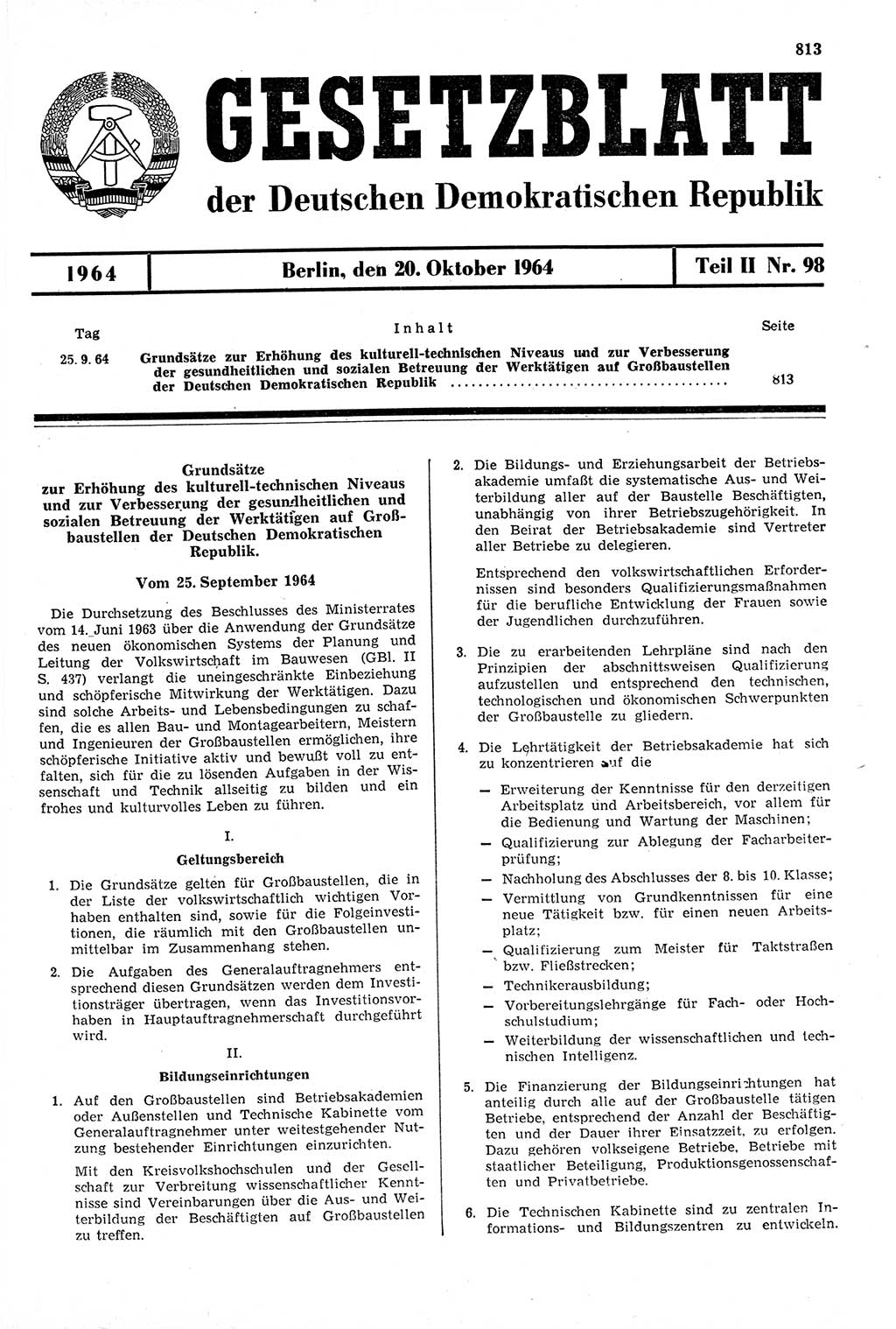 Gesetzblatt (GBl.) der Deutschen Demokratischen Republik (DDR) Teil ⅠⅠ 1964, Seite 813 (GBl. DDR ⅠⅠ 1964, S. 813)