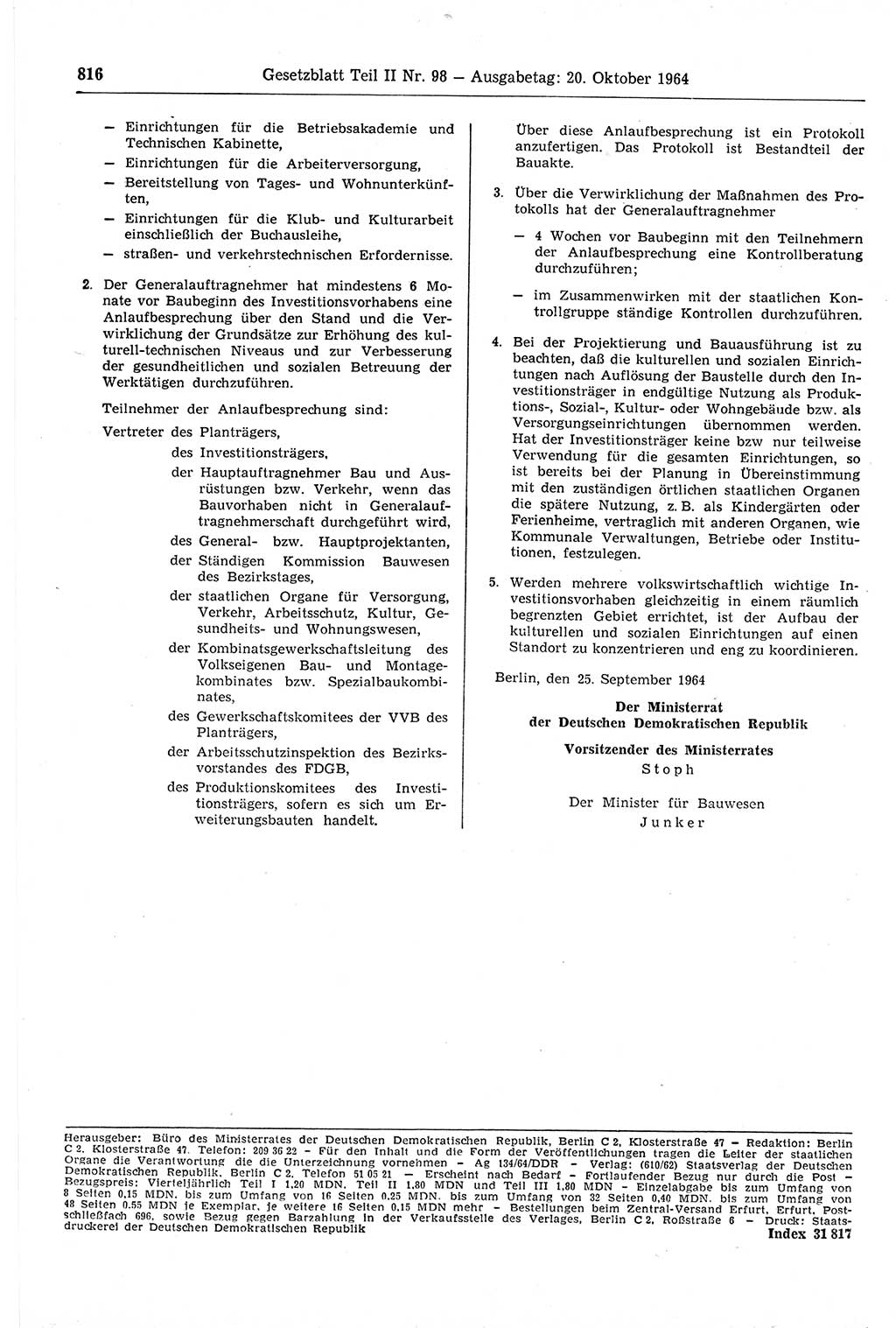 Gesetzblatt (GBl.) der Deutschen Demokratischen Republik (DDR) Teil ⅠⅠ 1964, Seite 816 (GBl. DDR ⅠⅠ 1964, S. 816)