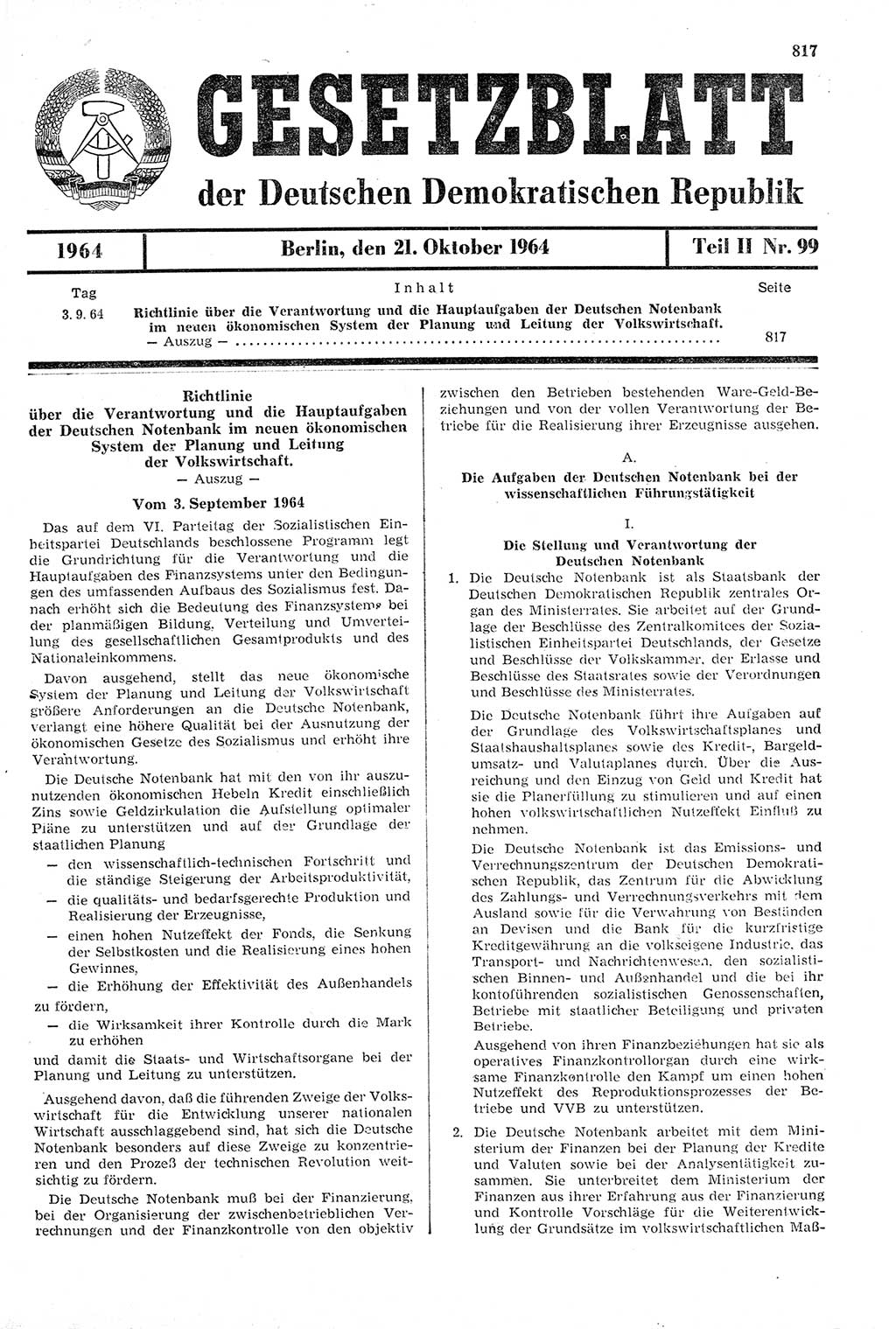 Gesetzblatt (GBl.) der Deutschen Demokratischen Republik (DDR) Teil ⅠⅠ 1964, Seite 817 (GBl. DDR ⅠⅠ 1964, S. 817)