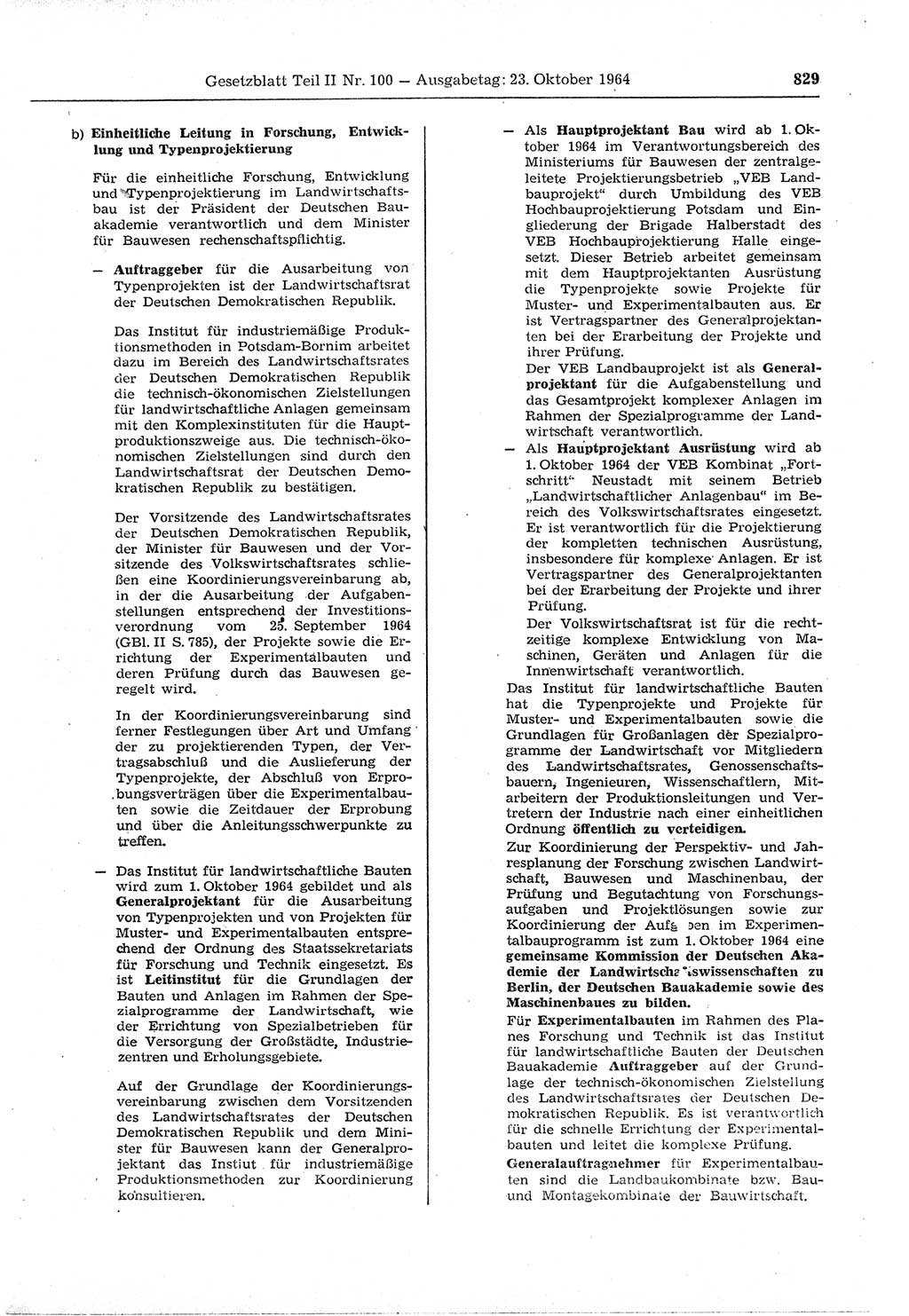 Gesetzblatt (GBl.) der Deutschen Demokratischen Republik (DDR) Teil ⅠⅠ 1964, Seite 829 (GBl. DDR ⅠⅠ 1964, S. 829)