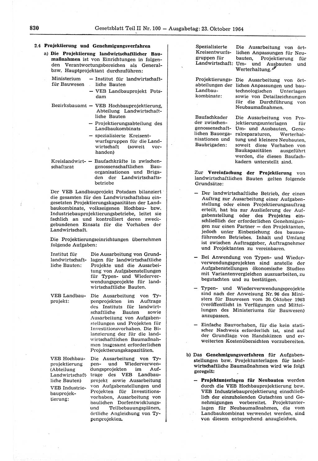 Gesetzblatt (GBl.) der Deutschen Demokratischen Republik (DDR) Teil ⅠⅠ 1964, Seite 830 (GBl. DDR ⅠⅠ 1964, S. 830)