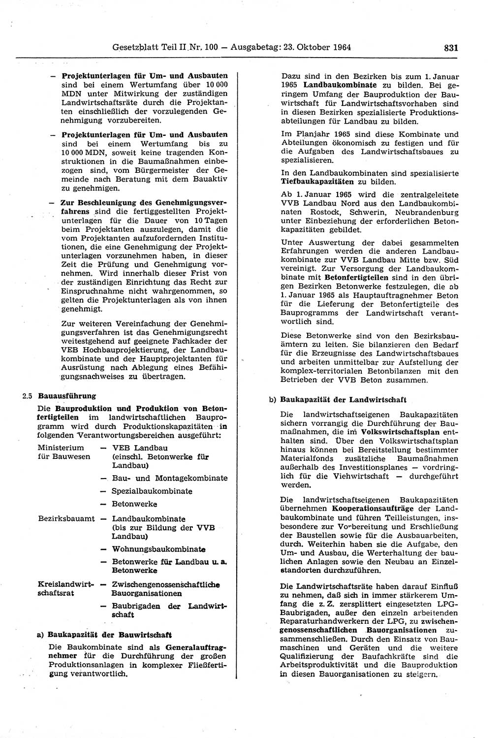 Gesetzblatt (GBl.) der Deutschen Demokratischen Republik (DDR) Teil ⅠⅠ 1964, Seite 831 (GBl. DDR ⅠⅠ 1964, S. 831)