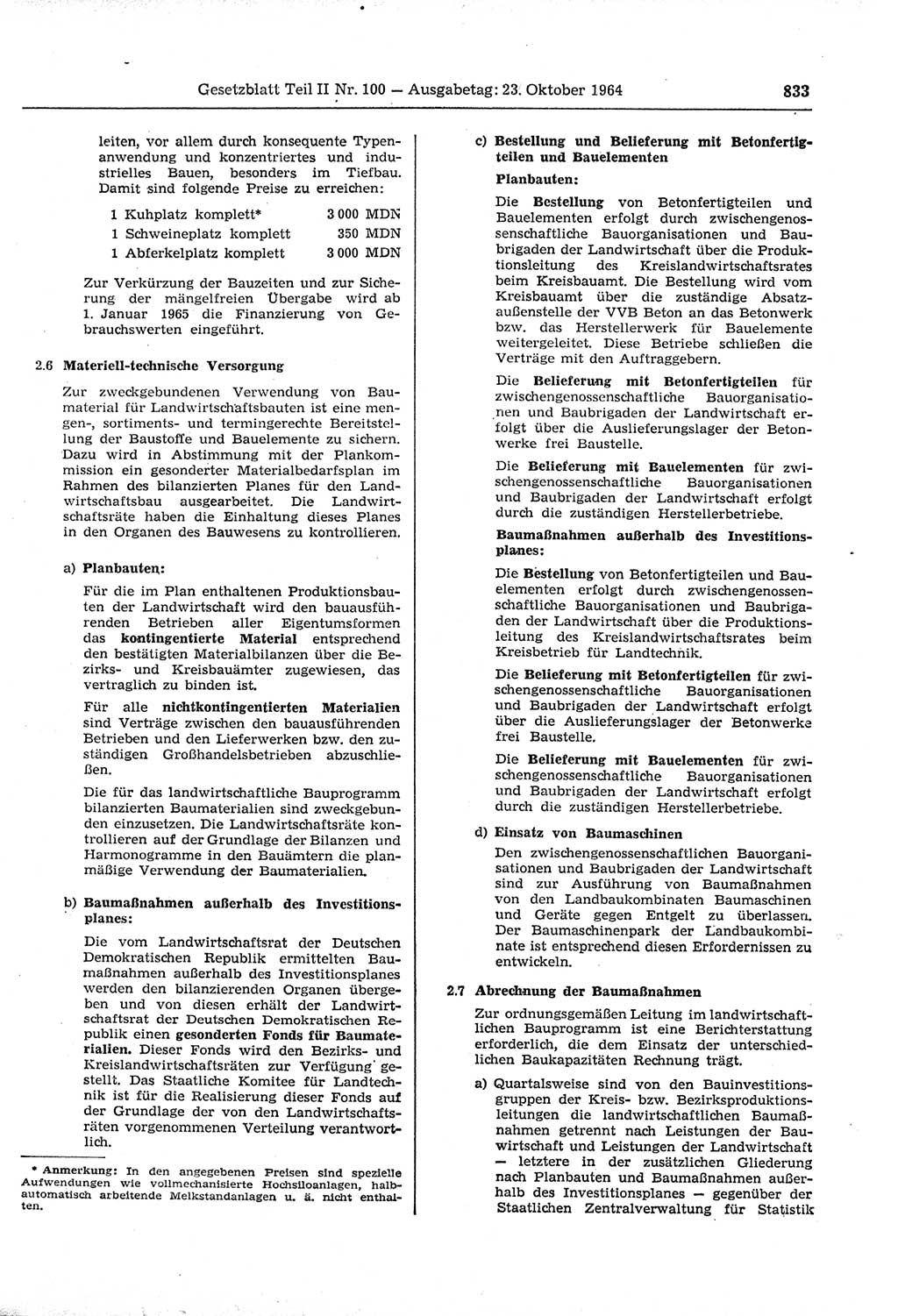 Gesetzblatt (GBl.) der Deutschen Demokratischen Republik (DDR) Teil ⅠⅠ 1964, Seite 833 (GBl. DDR ⅠⅠ 1964, S. 833)
