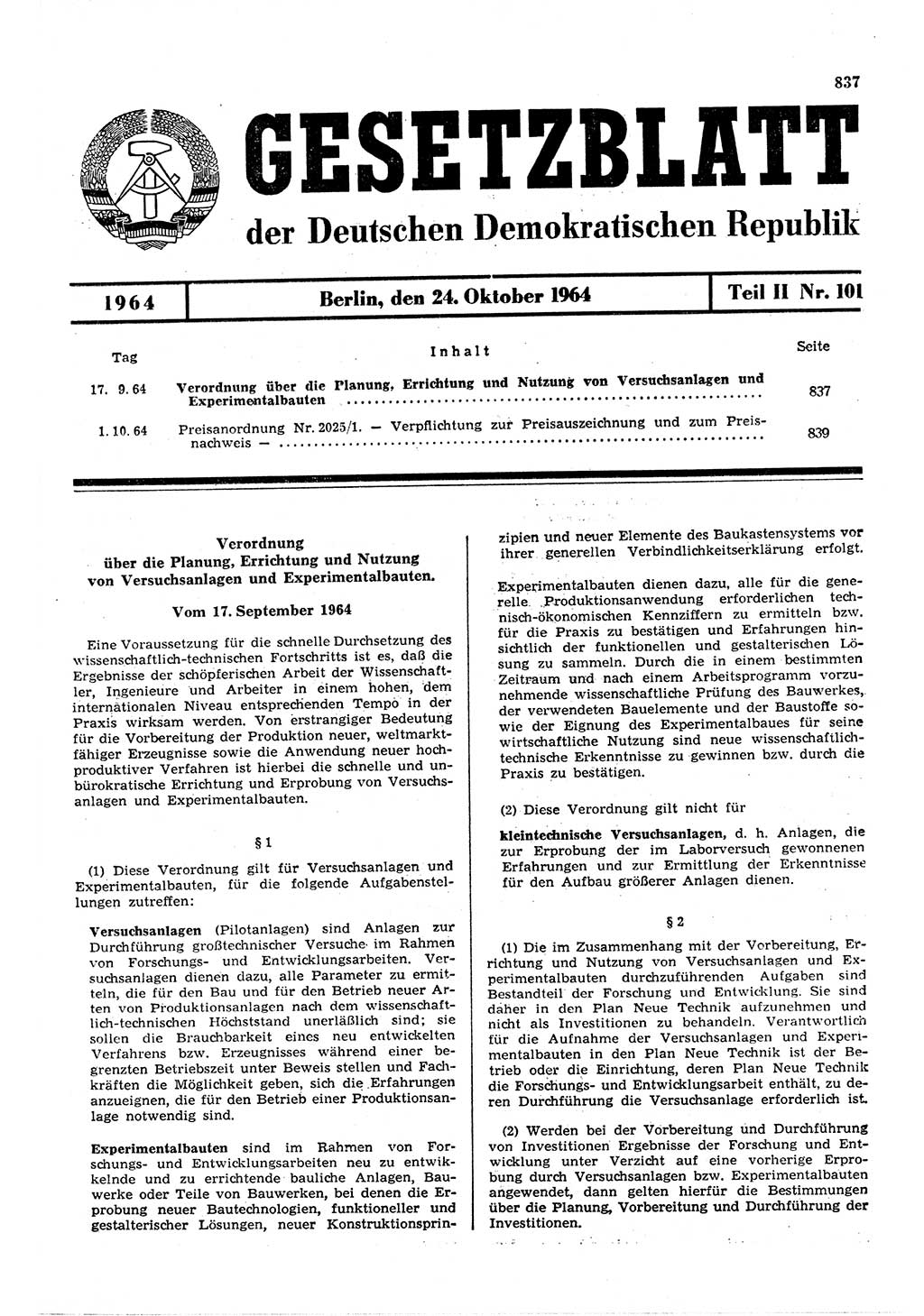 Gesetzblatt (GBl.) der Deutschen Demokratischen Republik (DDR) Teil ⅠⅠ 1964, Seite 837 (GBl. DDR ⅠⅠ 1964, S. 837)