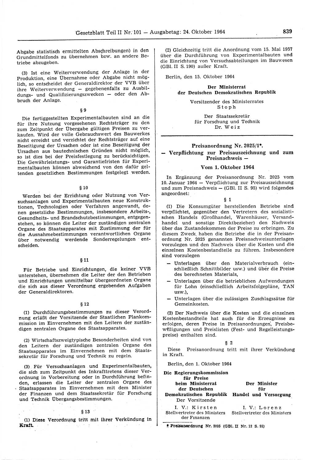 Gesetzblatt (GBl.) der Deutschen Demokratischen Republik (DDR) Teil ⅠⅠ 1964, Seite 839 (GBl. DDR ⅠⅠ 1964, S. 839)
