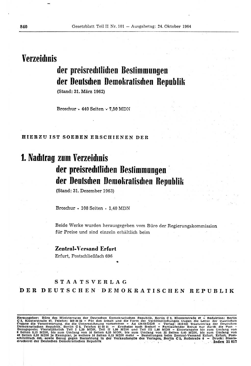 Gesetzblatt (GBl.) der Deutschen Demokratischen Republik (DDR) Teil ⅠⅠ 1964, Seite 840 (GBl. DDR ⅠⅠ 1964, S. 840)