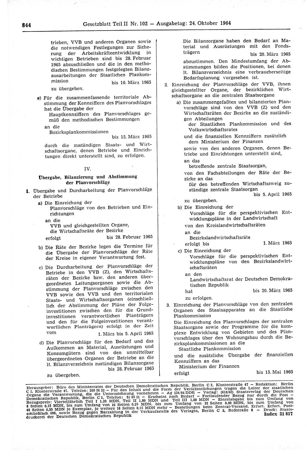 Gesetzblatt (GBl.) der Deutschen Demokratischen Republik (DDR) Teil ⅠⅠ 1964, Seite 844 (GBl. DDR ⅠⅠ 1964, S. 844)
