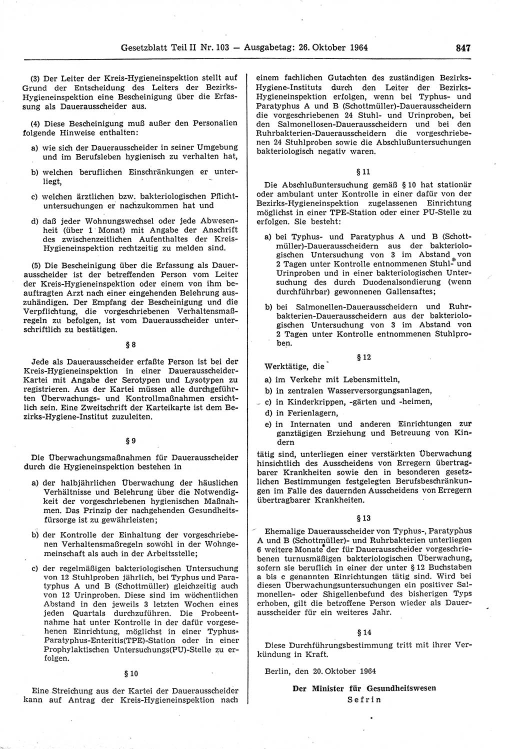 Gesetzblatt (GBl.) der Deutschen Demokratischen Republik (DDR) Teil ⅠⅠ 1964, Seite 847 (GBl. DDR ⅠⅠ 1964, S. 847)