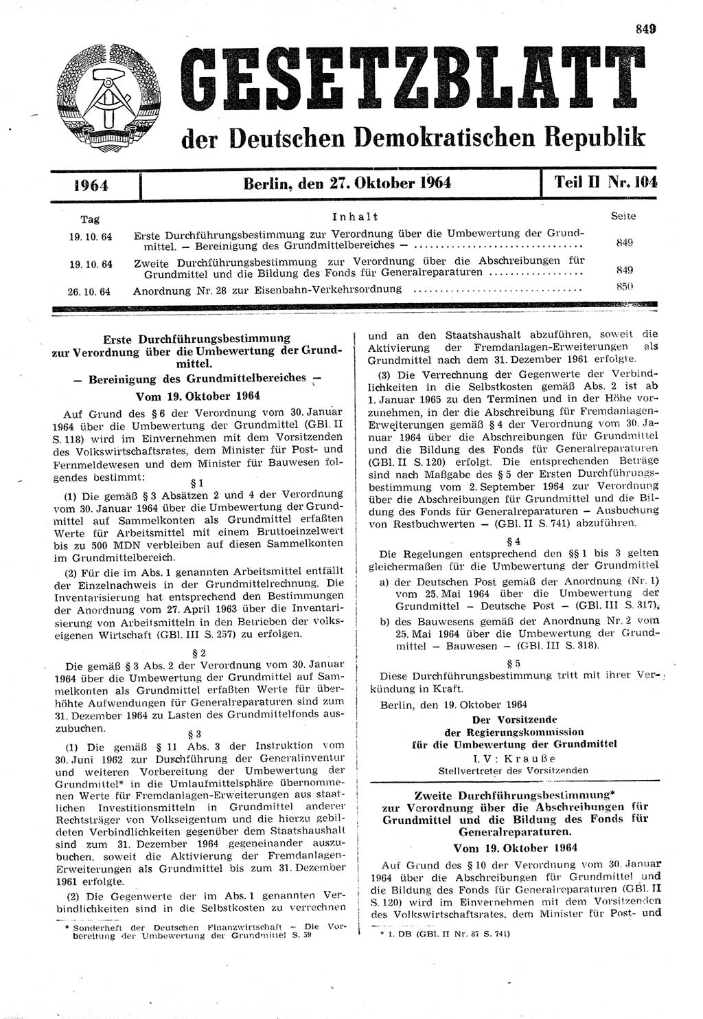 Gesetzblatt (GBl.) der Deutschen Demokratischen Republik (DDR) Teil ⅠⅠ 1964, Seite 849 (GBl. DDR ⅠⅠ 1964, S. 849)