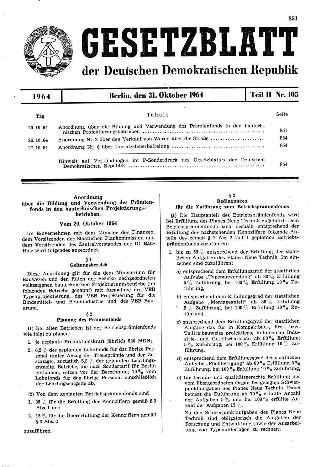 Gesetzblatt (GBl.) der Deutschen Demokratischen Republik (DDR) Teil ⅠⅠ 1964, Seite 851 (GBl. DDR ⅠⅠ 1964, S. 851)