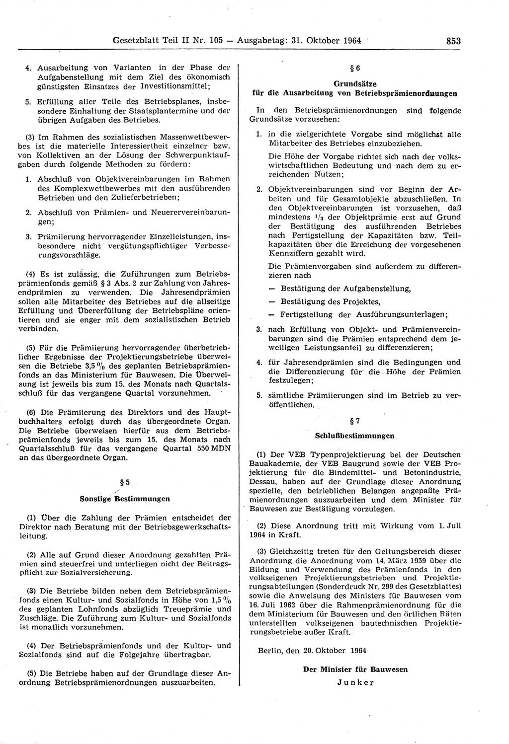 Gesetzblatt (GBl.) der Deutschen Demokratischen Republik (DDR) Teil ⅠⅠ 1964, Seite 853 (GBl. DDR ⅠⅠ 1964, S. 853)