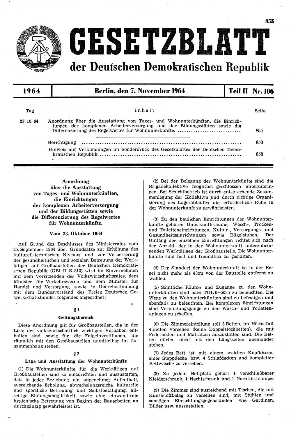 Gesetzblatt (GBl.) der Deutschen Demokratischen Republik (DDR) Teil ⅠⅠ 1964, Seite 855 (GBl. DDR ⅠⅠ 1964, S. 855)